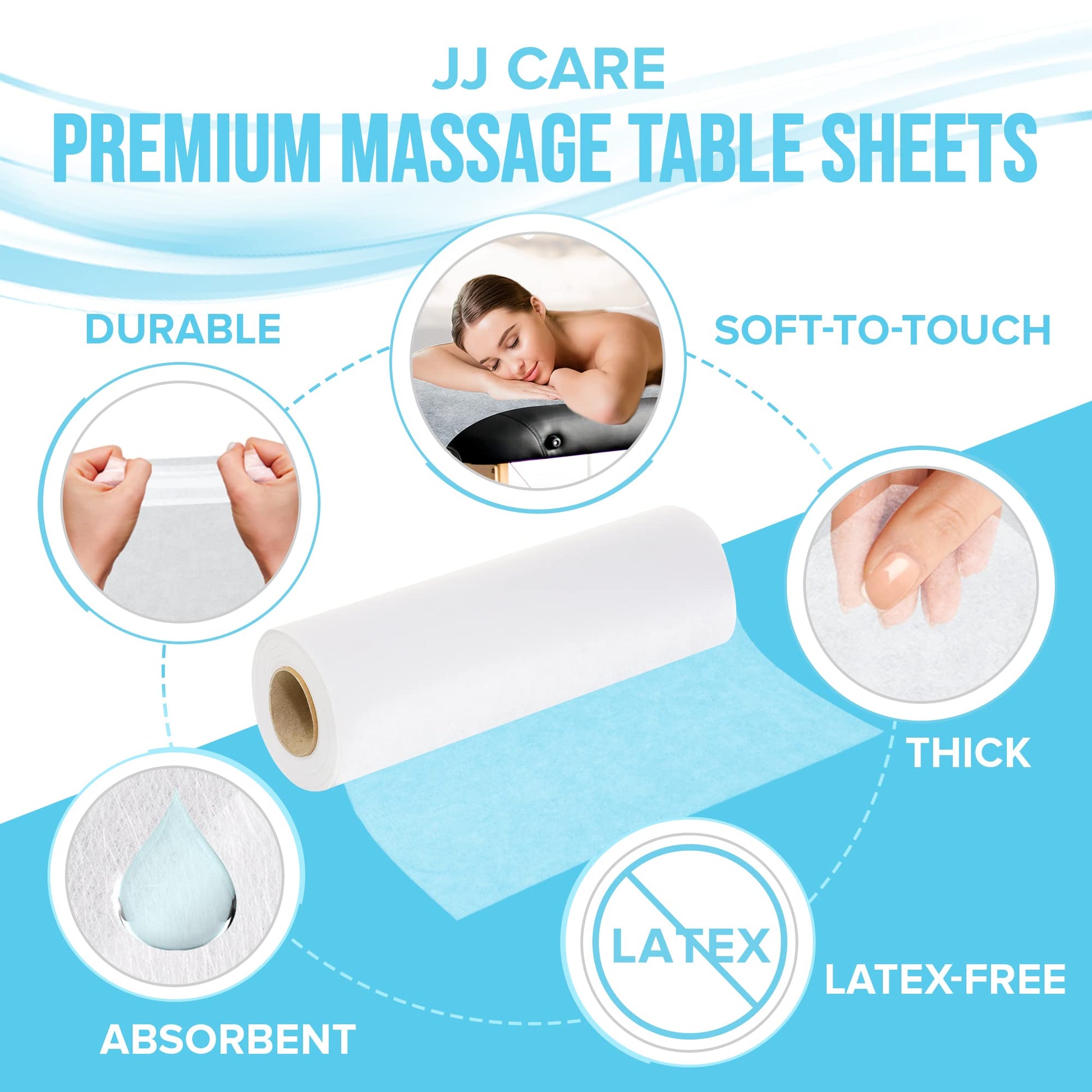 JJ CARE Disposable Massage Table Sheets - 120 Sheets [24" x 390 feet, 2 Roll] - 50% Thicker Perforated Massage Bed Cover, Non-Woven Disposable Roll for Massage Table for Waxing, Facial, Tattoo, & Spa