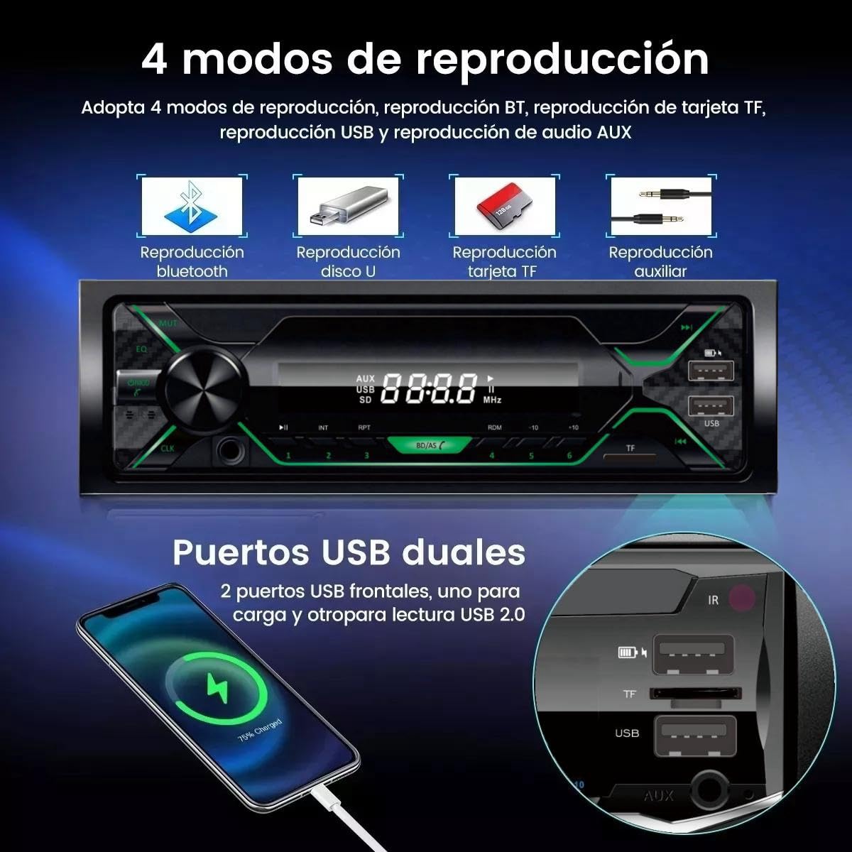 Auto Estereo Bluetooth MP3 Radio Reproductor Música De Coche Manos Libres FM SD Aux USB Luz Multicolores