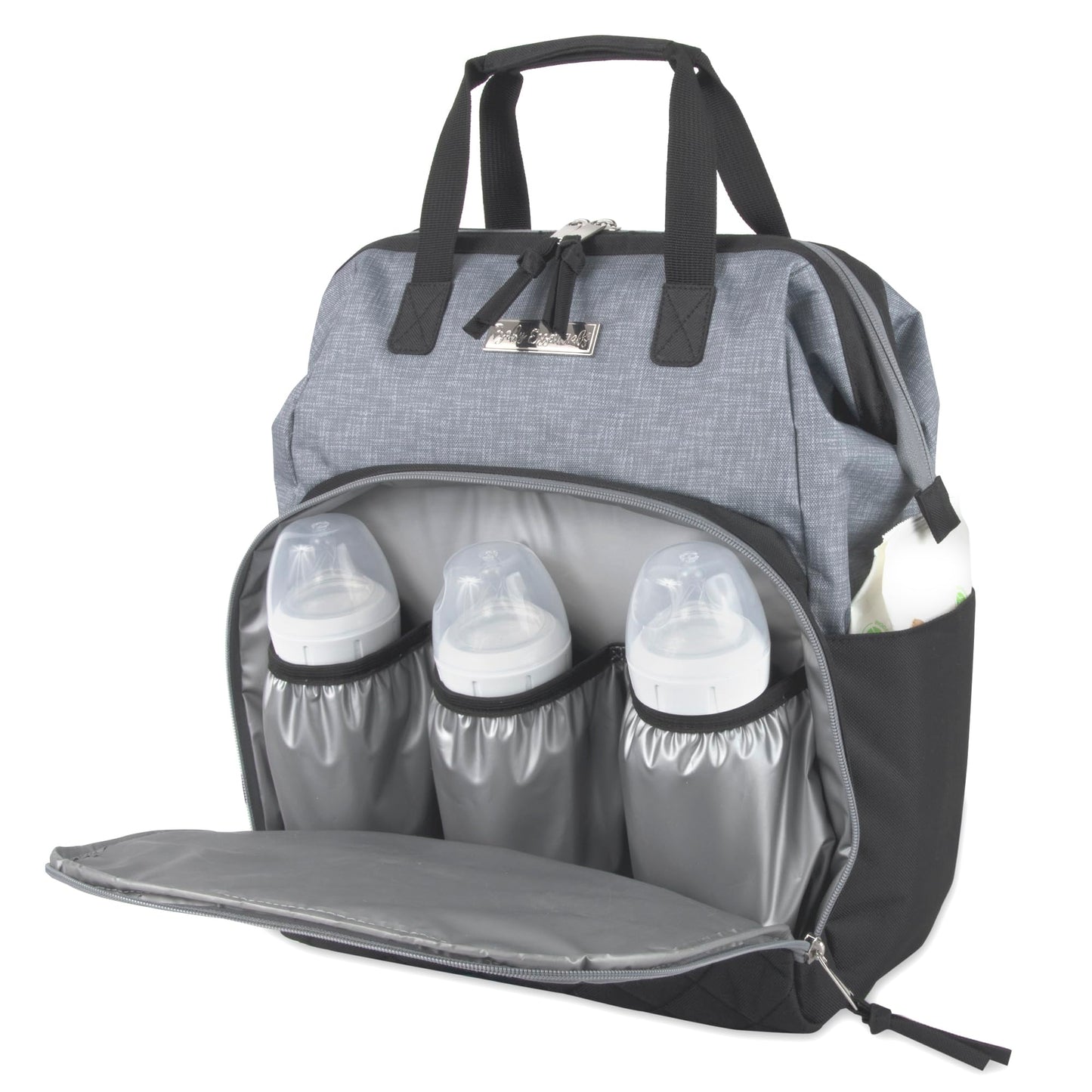 Baby Essentials - Mochila de pañales con marco principal súper enfriadora con cambiador, correas para carriola, compartimento aislado para botellas, Negro/Gris, Mediano, Mochila para pañales