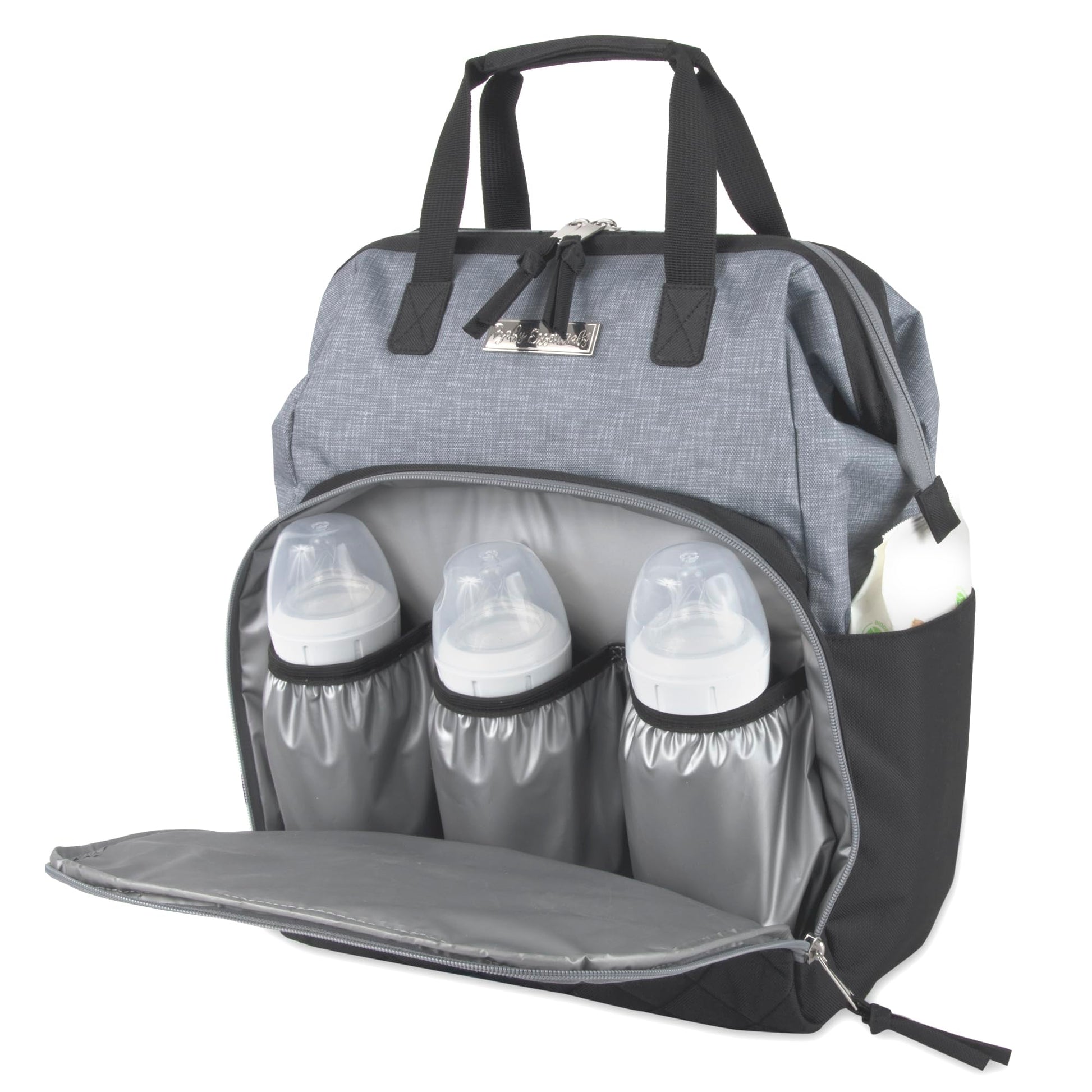 Baby Essentials - Mochila de pañales con marco principal súper enfriadora con cambiador, correas para carriola, compartimento aislado para botellas, Negro/Gris, Mediano, Mochila para pañales