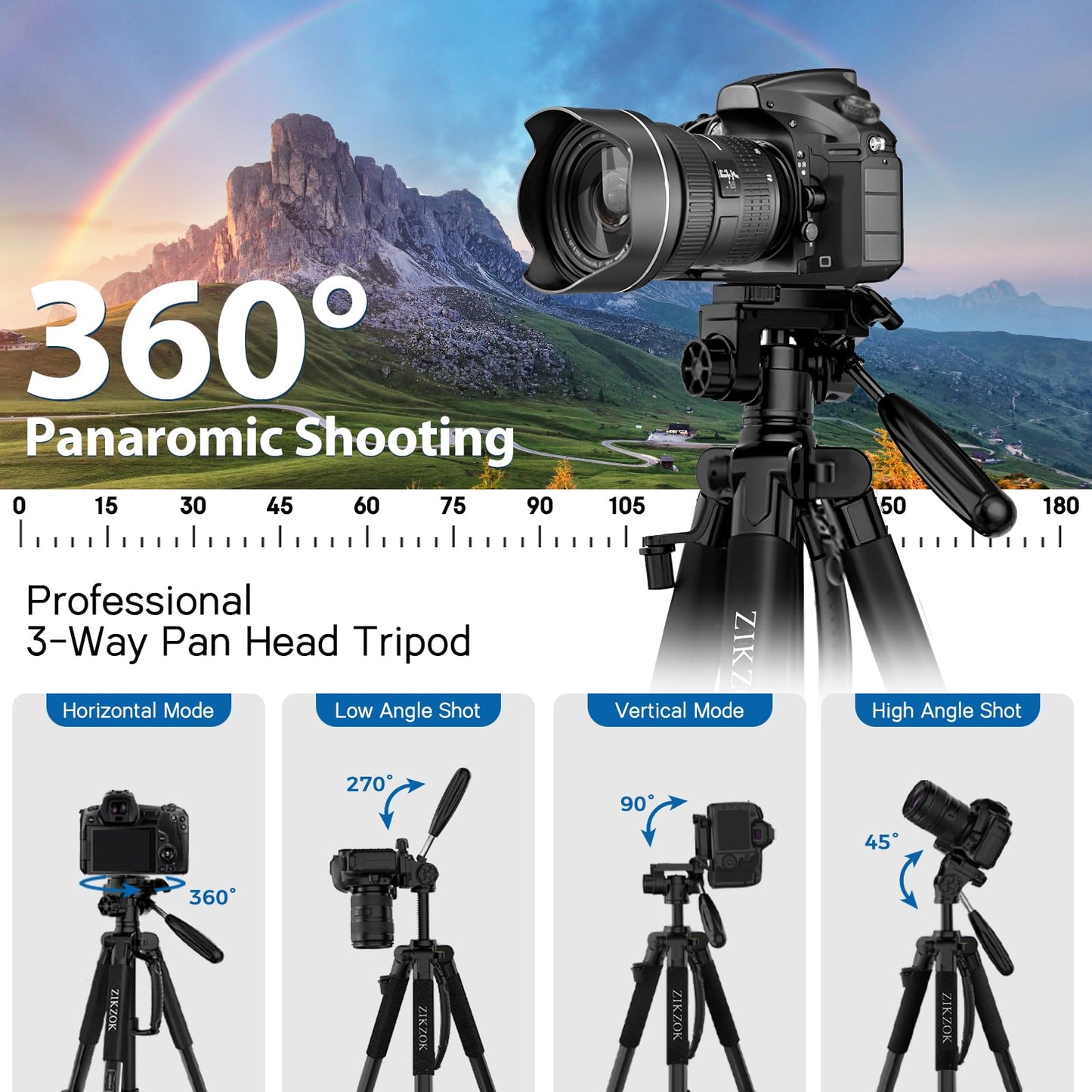 Trípode de Cámara ZIKZOK Negro Resistente con Control Remoto inalámbrico para Teléfono Celular y Dispositivos DSLR/SLR/DV/GoPro