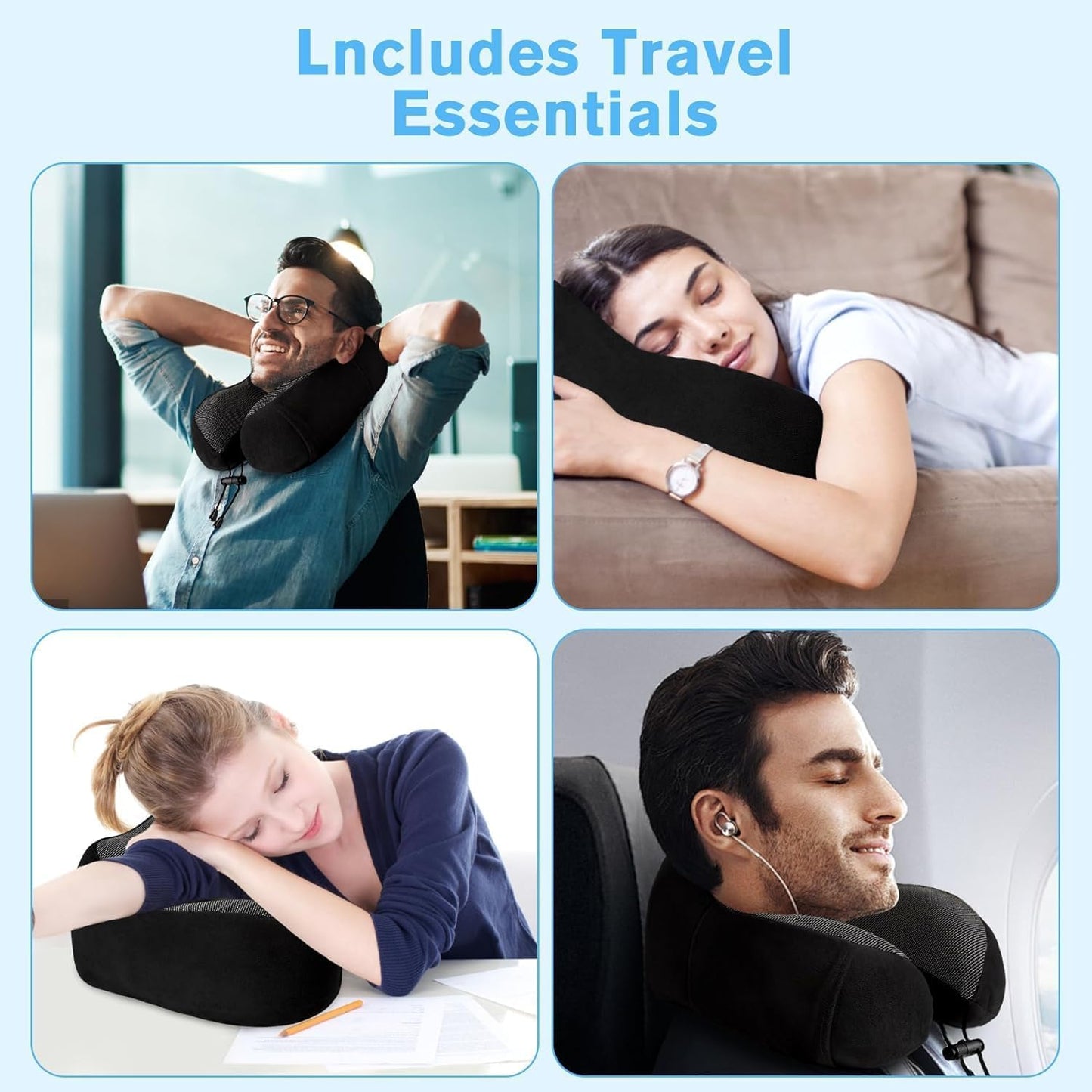 CISSSEE Almohada de Viaje,Almohada de Cuello Viscoelástica de Espuma de Memoria con Máscara de Ojos,Tapones para los oídos y Bolsa con Cordón, Soporte de Cuello para Avión, Oficina y el Hogar (Negro)