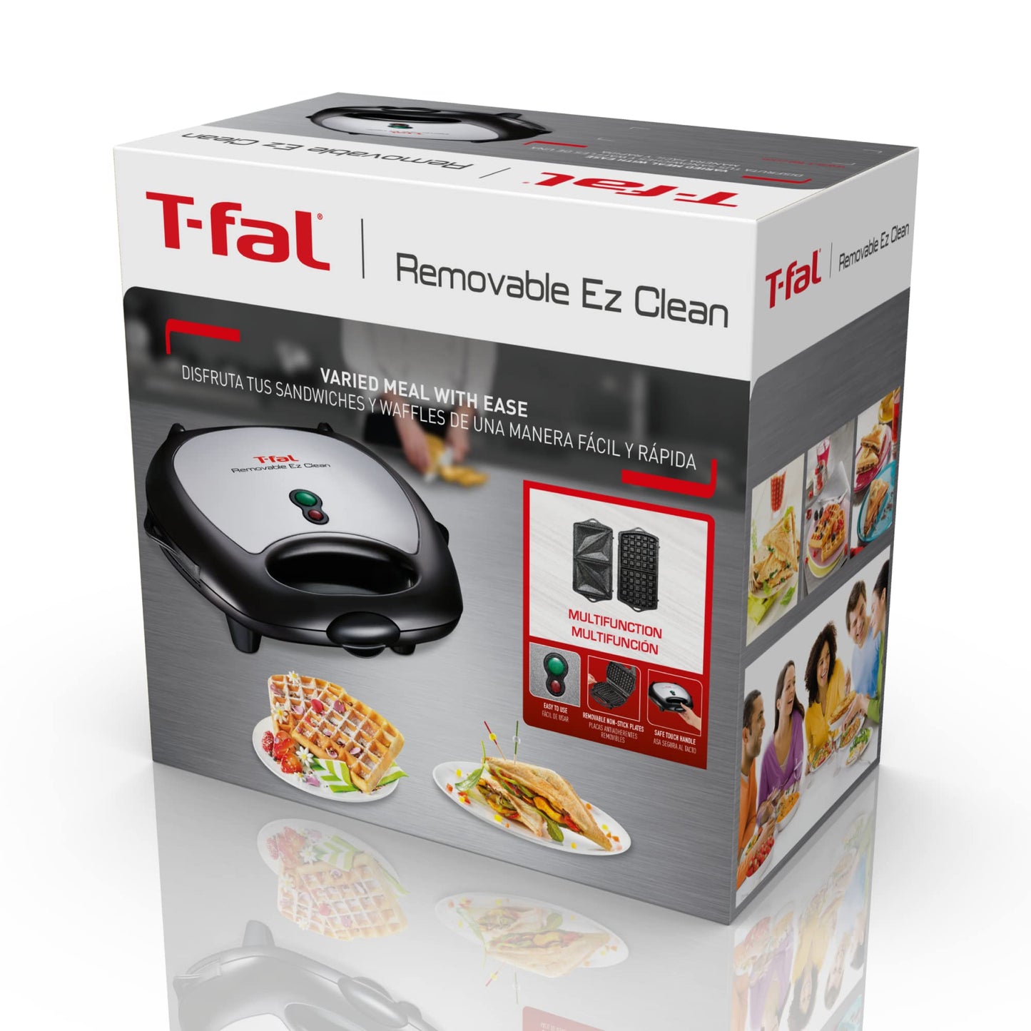 Sandwichera y Wafflera T-fal Negro Plateado 2 en 1 con Placas Antiadherentes Removibles Seguridad Lavavajillas