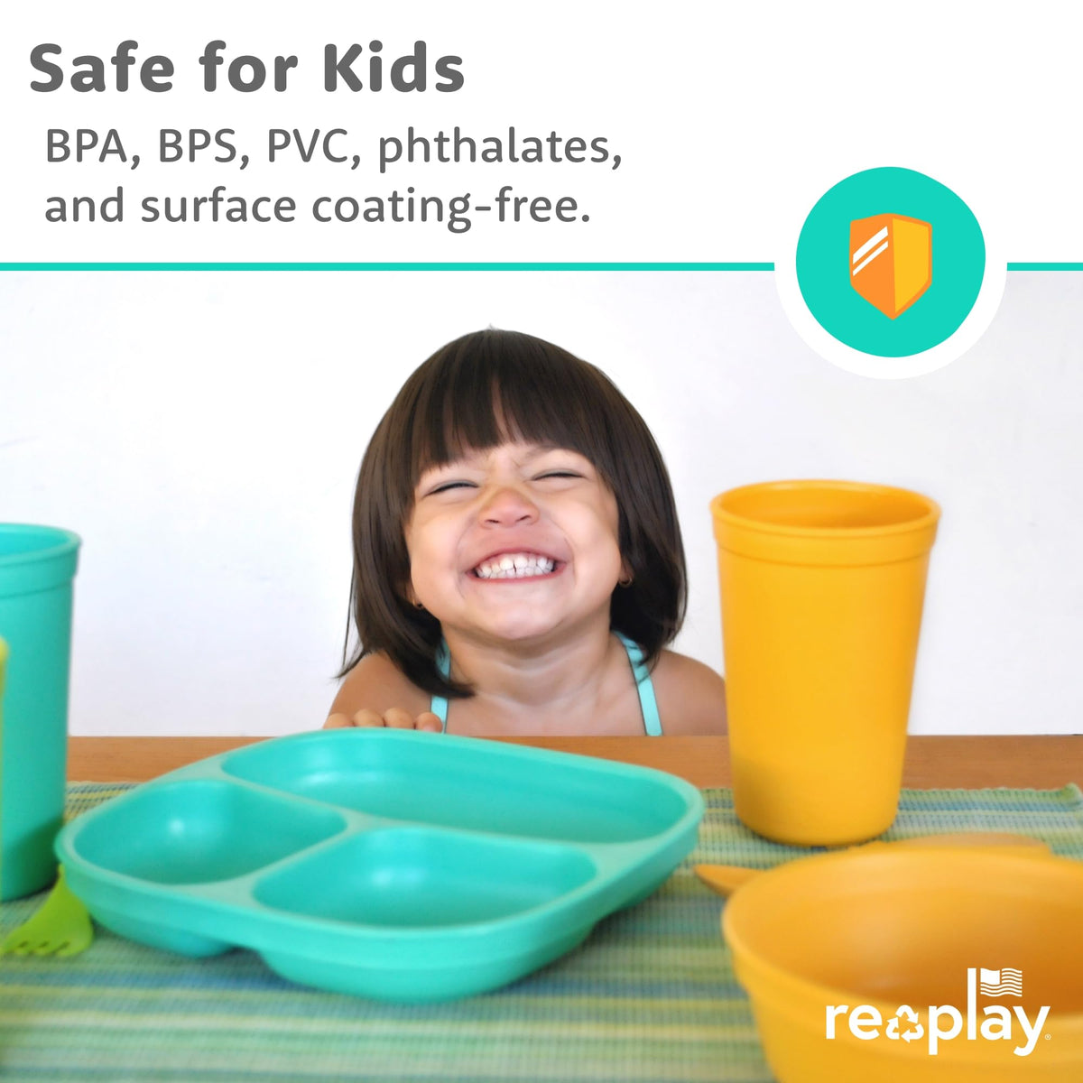 Re-Play 3 platos divididos para niños, 3 utensilios y 3 cuencos de base ancha, aptos para lavaplatos y microondas, fabricado en Estados Unidos, Aqua Asst