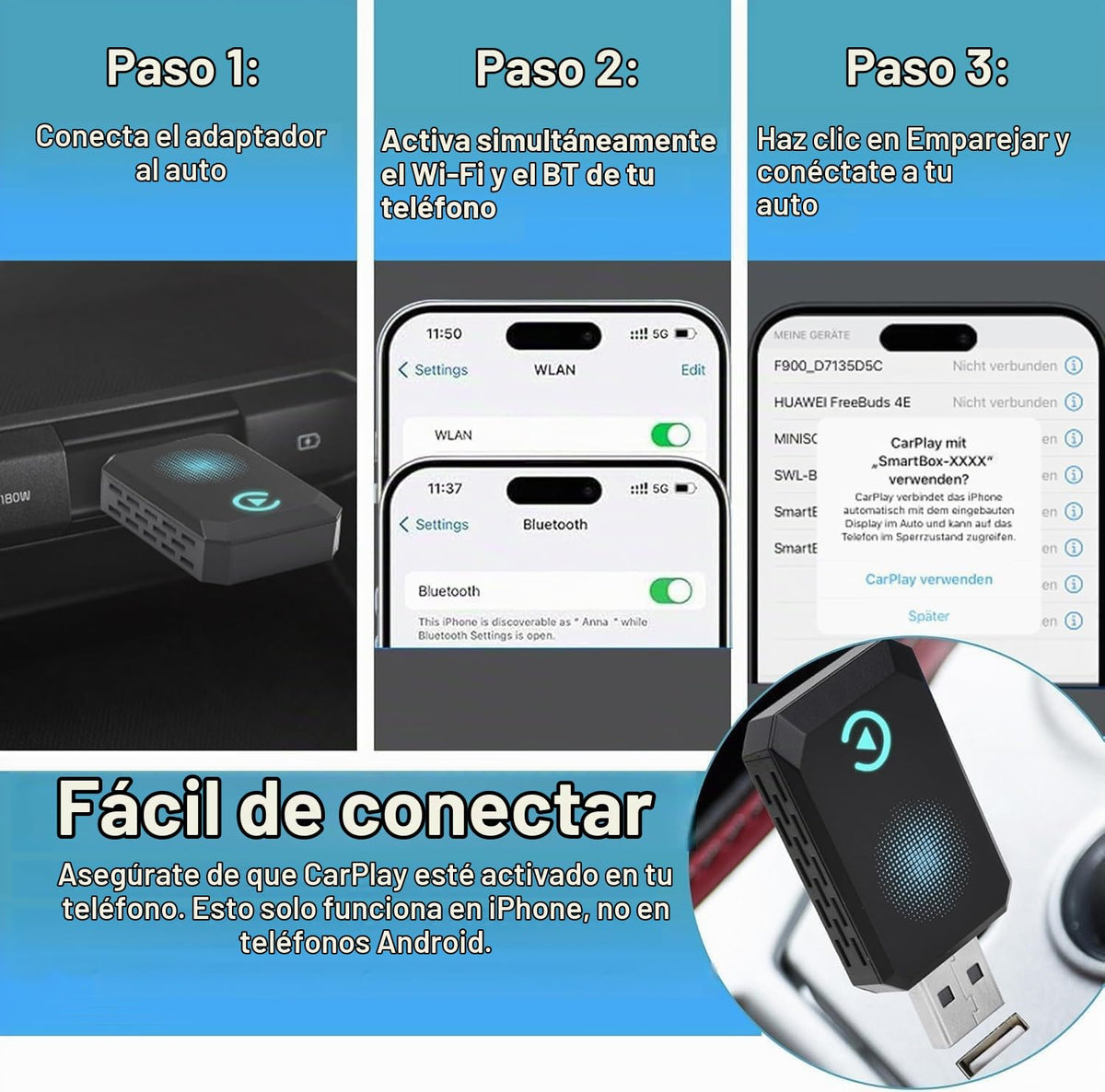 Adaptador Inalámbrico iPhone USB-C USB CarPlay Cable a Inalámbrico