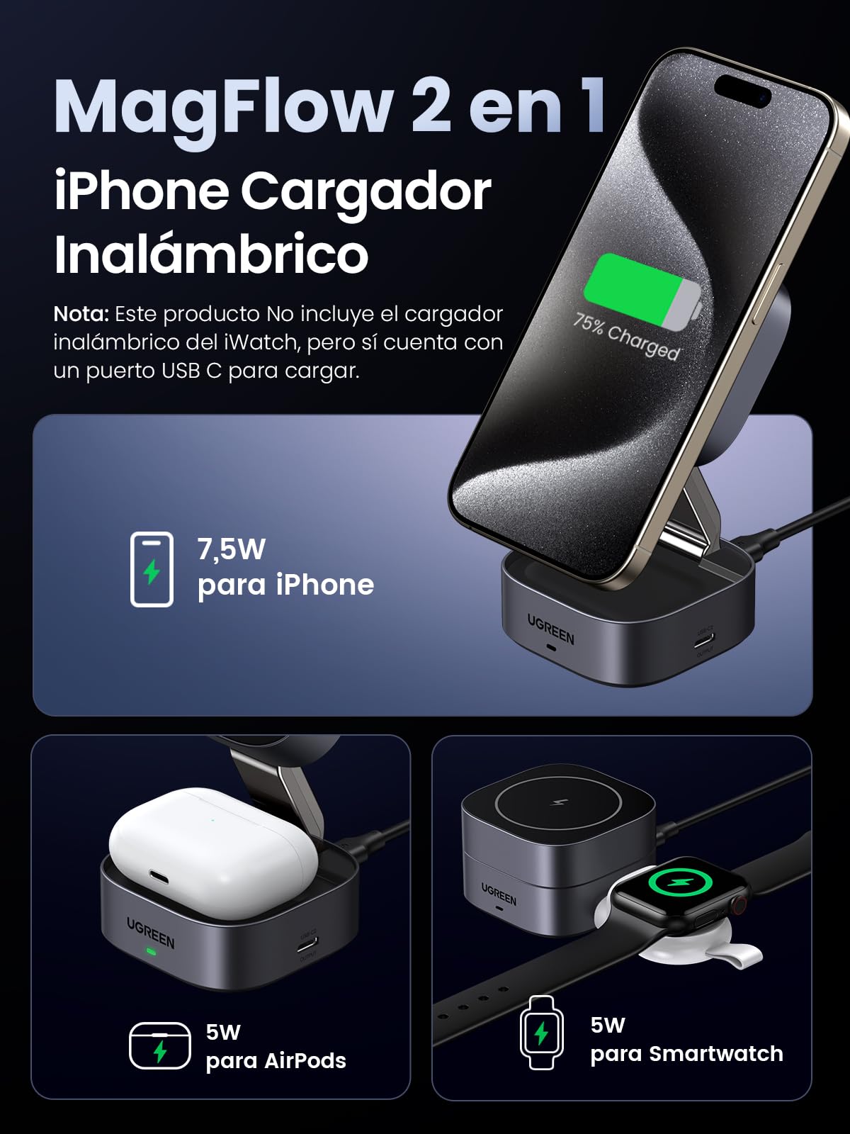 Cargador Inalámbrico Plegable UGREEN Magnética con Carga Rápida Qi para iPhone y AirPods