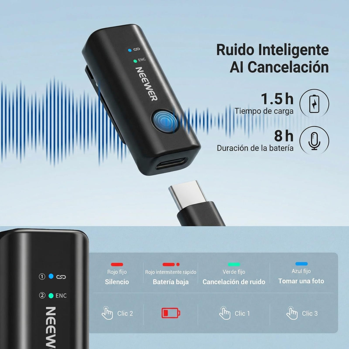 Micrófono Solapa Inalámbrico NEEWER KM23C Negro AI Cancelación de Ruido 70m Alcance