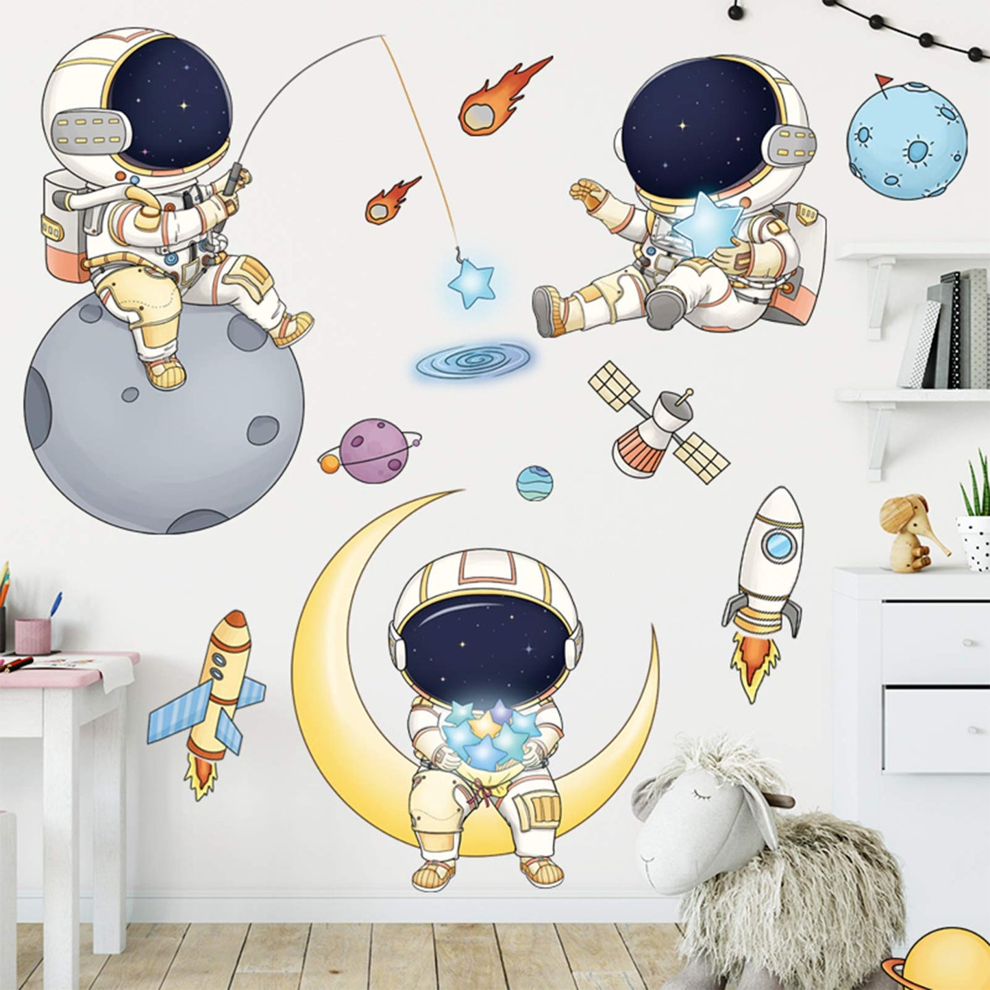 DILIBRA - Calcomanías de pared para recámara de niños, diseño de astronauta, planeta exterior, creativo para bricolaje, vinilo extraíble, estrella espacial UFO Glaxy para habitación de niños,