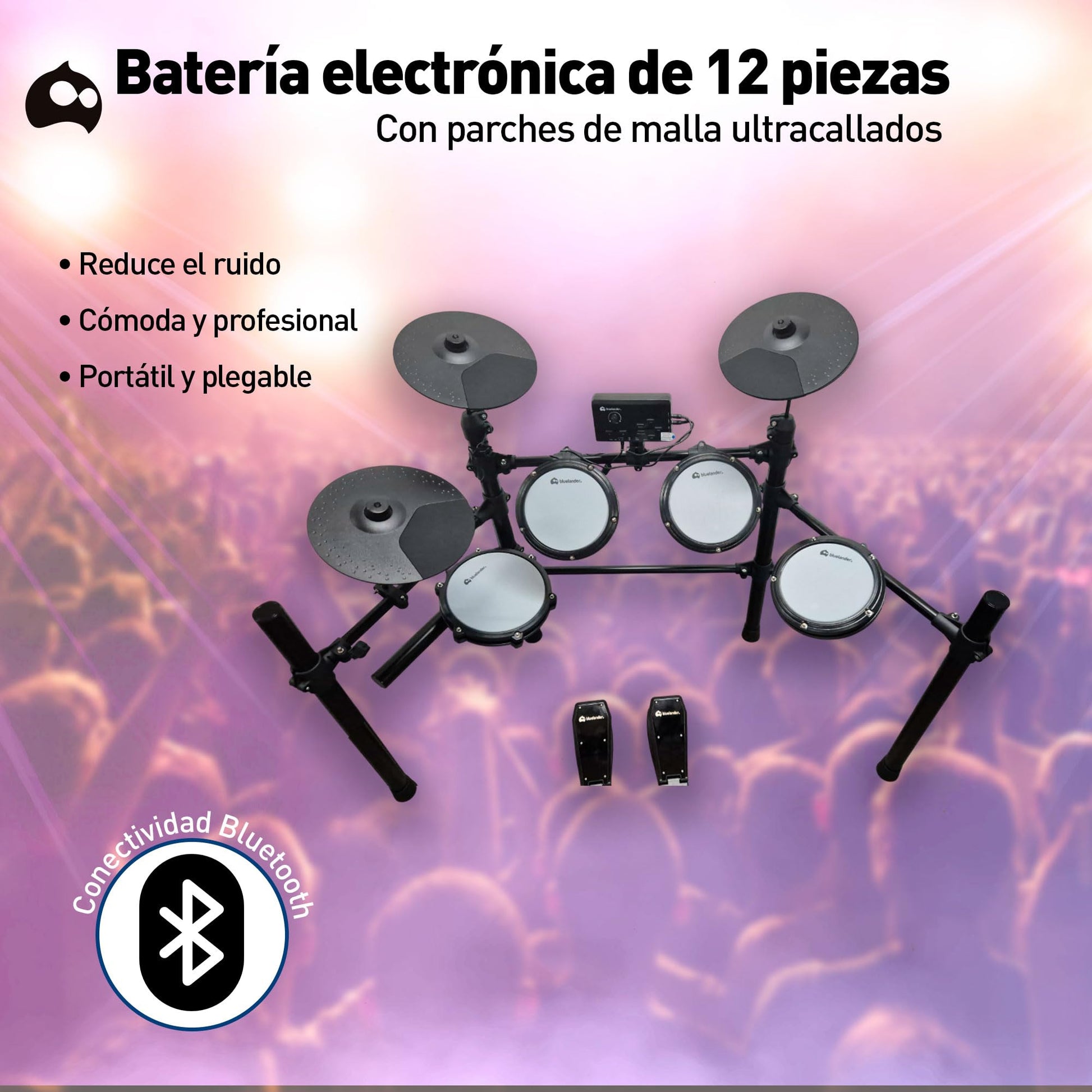 Bluelander Batería Musical 93*120 cm, Bateria Electrica 13 Pzas, 3 Platillos, 3 Tom, 2 Pedales, Tarola, Módulo de Sonido, Par de Baquetas y Banco, Batería Electrónica, Ideal para Niños y Principiantes