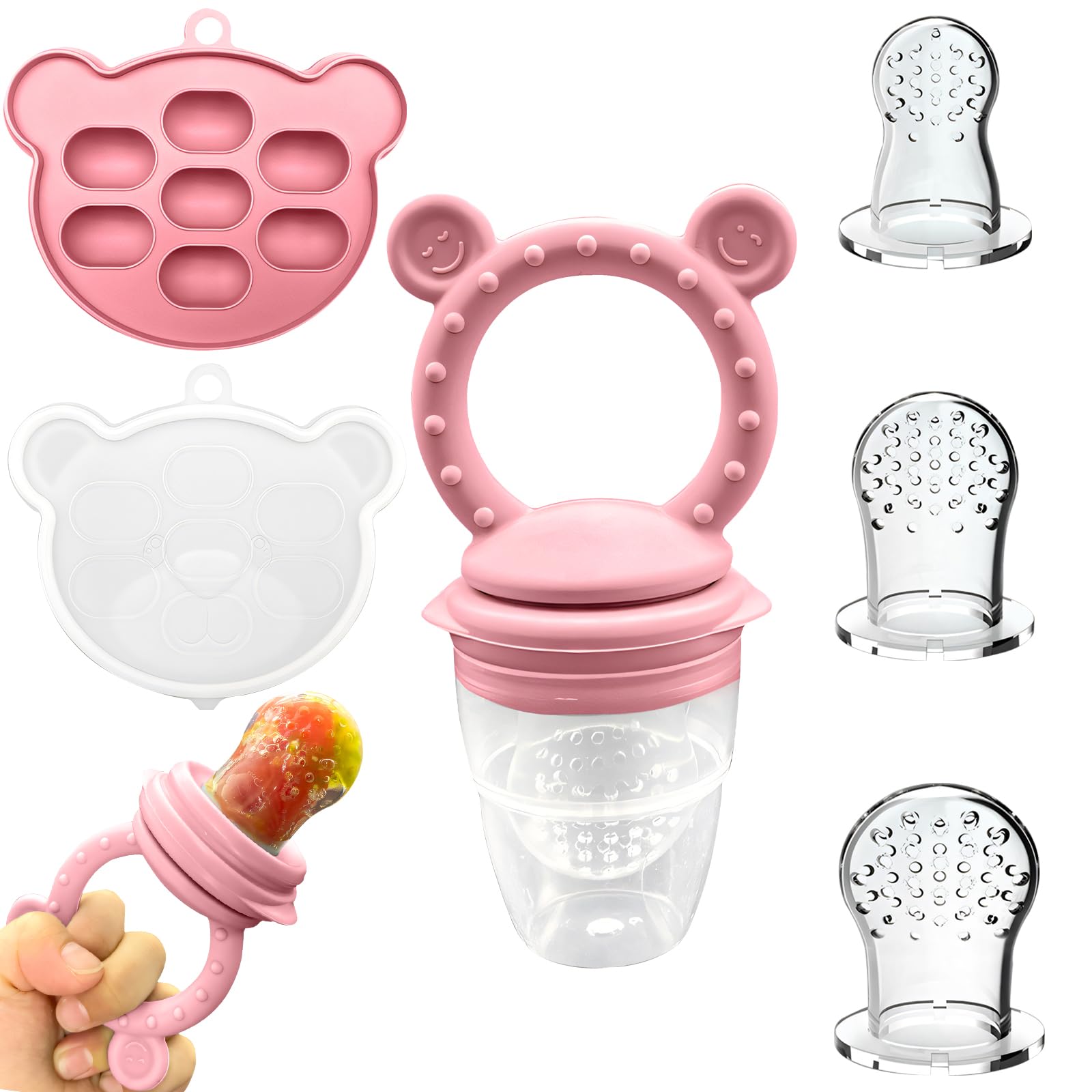 EHRHDKNS Bandeja Congeladora de Alimentos para Bebés Sin BPA, Adecuado para la Introducción Segura de Alimentos, Fruta y Papillas a Partir de los 4 Meses, Fortalece los Dientes del Bebé y le Ayuda a Comer Sano (Rosa, Sonriente)