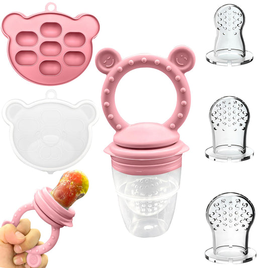 EHRHDKNS Bandeja Congeladora de Alimentos para Bebés Sin BPA, Adecuado para la Introducción Segura de Alimentos, Fruta y Papillas a Partir de los 4 Meses, Fortalece los Dientes del Bebé y le Ayuda a Comer Sano (Rosa, Sonriente)