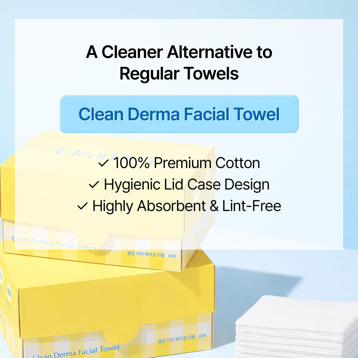 ClearDea Toallas faciales Clean Derma (60 unidades) – Toallas faciales desechables de un solo uso, 100% algodón sin blanquear, toallas suaves y de baja pelusa para el cuidado diario de la piel y el m