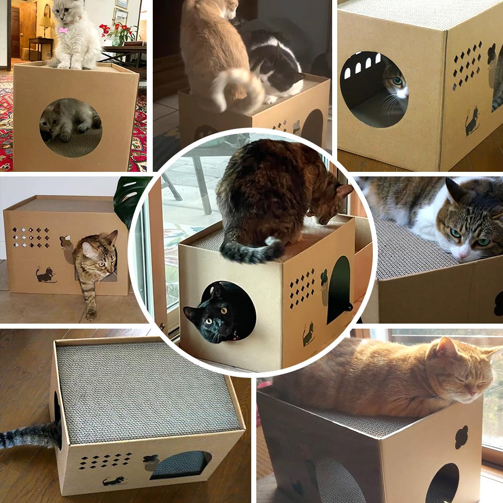 Casa de cartón para gatos con 2 almohadillas para orejas para rascar, cama grande para gatos rascadores para gatos de interior con cartón corrugado, caja rascador desmontable para gatos (Cactus)