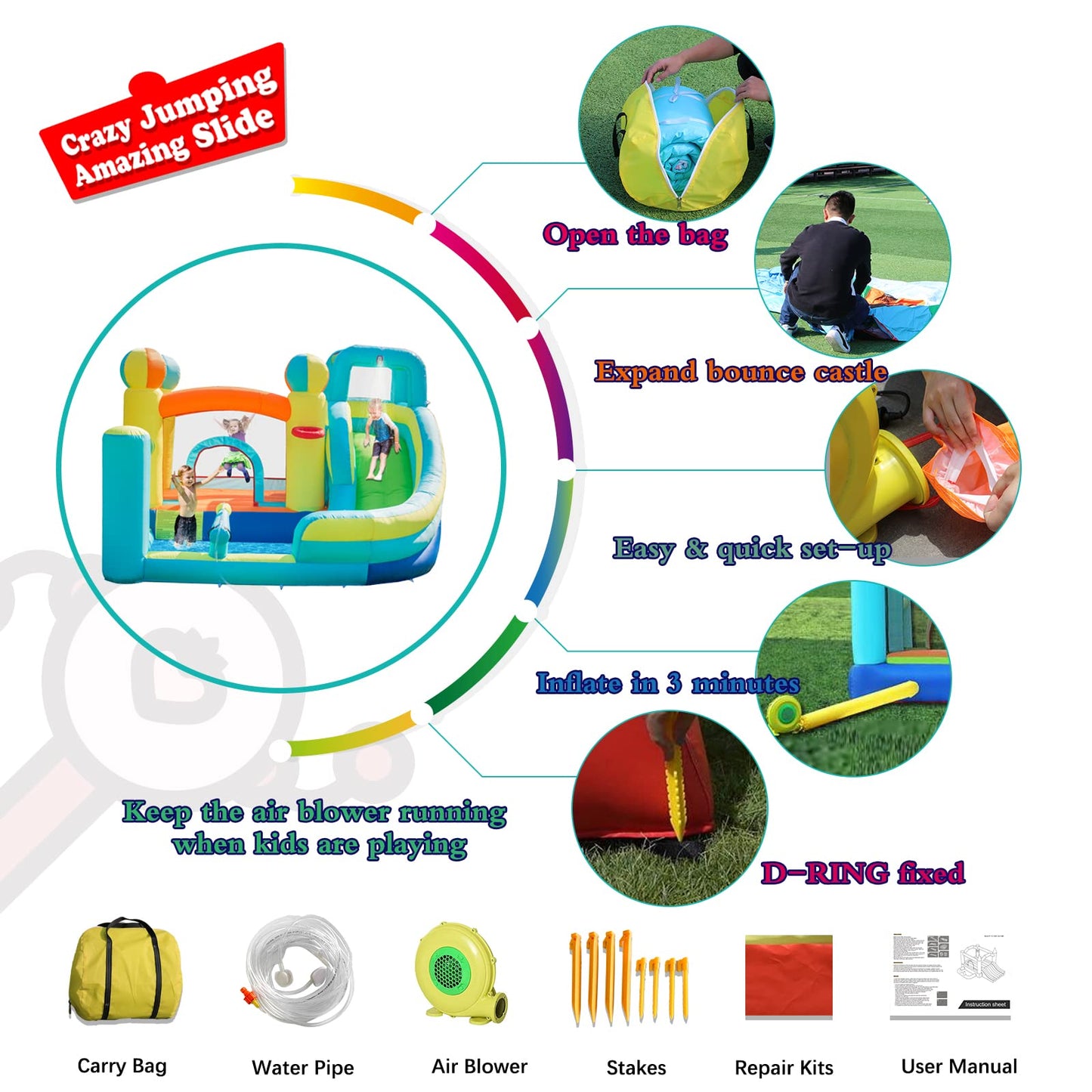 Parque Inflable WelandFun Azul con Toboganes Acuáticos y Piscina para Niños