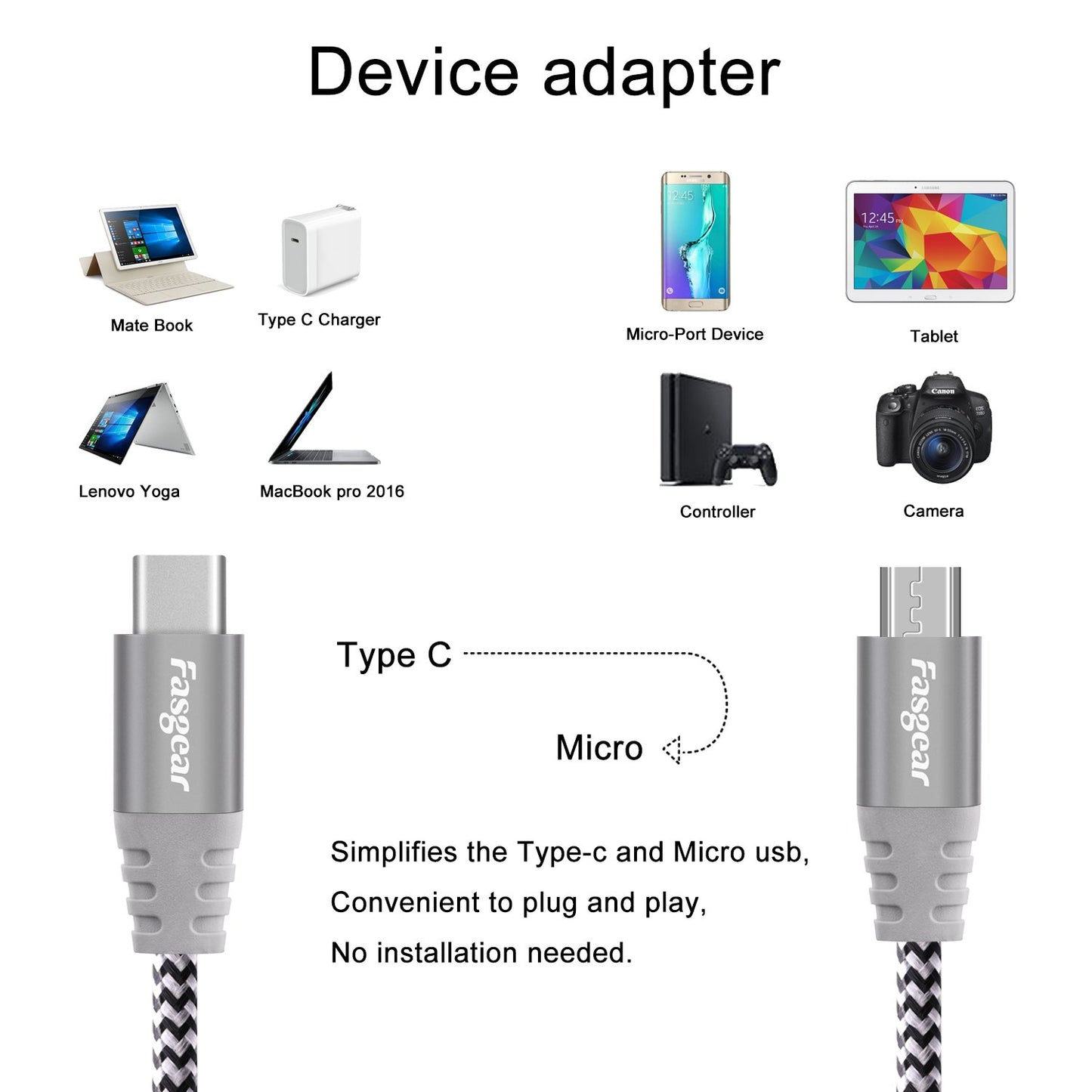 Cable USB C a Micro USB Fasgear Gris de Nailon Trenzado 1 m Compatible con Galaxy S7/S6 y HTC One