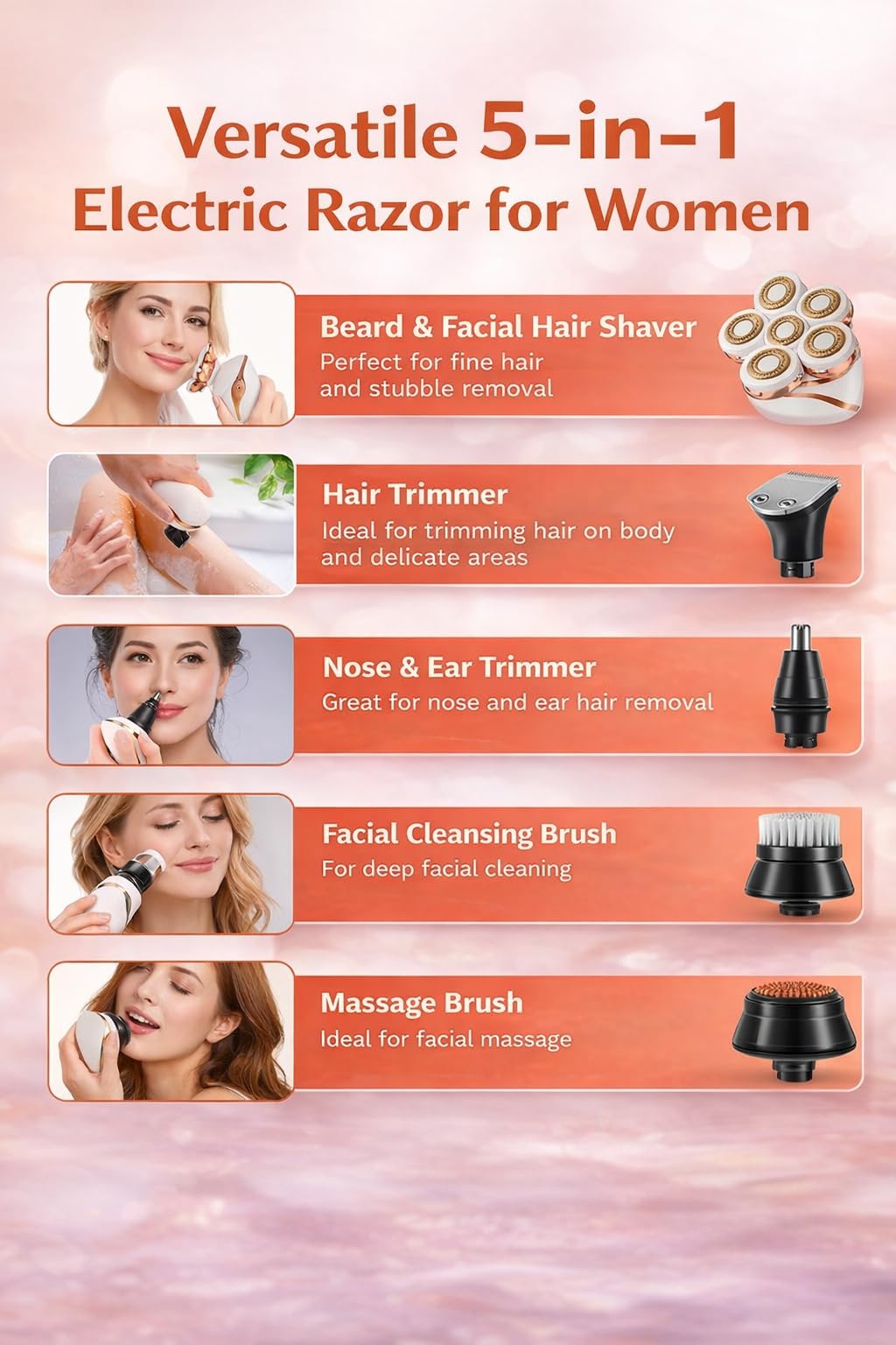 ALADEPT Afeitadora eléctrica 7D para mujer – 5 en 1, recargable, para uso en seco y húmedo. Afeitadora eléctrica, recortadora de bikini y depiladora facial para piernas, brazos, rostro y axilas.