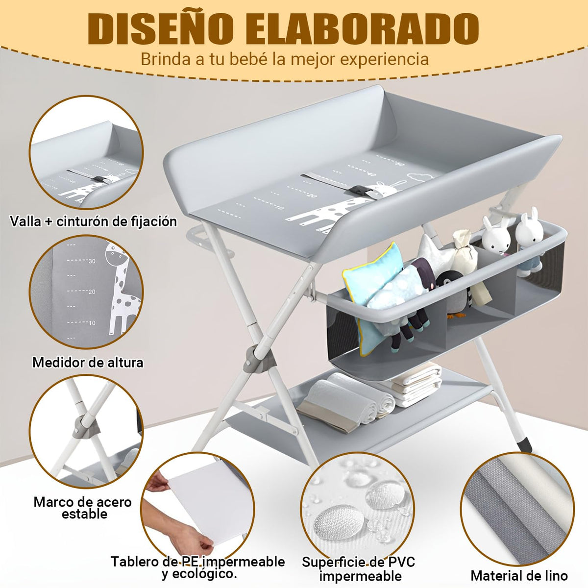 Cambiador para Bebe, Gris Multifuncional con Altura Ajustable, Mueble Cambiador para Bebe, Plegable con Ruedas, Cómoda Cambiador para Bebe, 3 Alturas Ajustables, con Barra Secar Ropa, Canasta Almacenamiento, Ruedas silenciosas universales