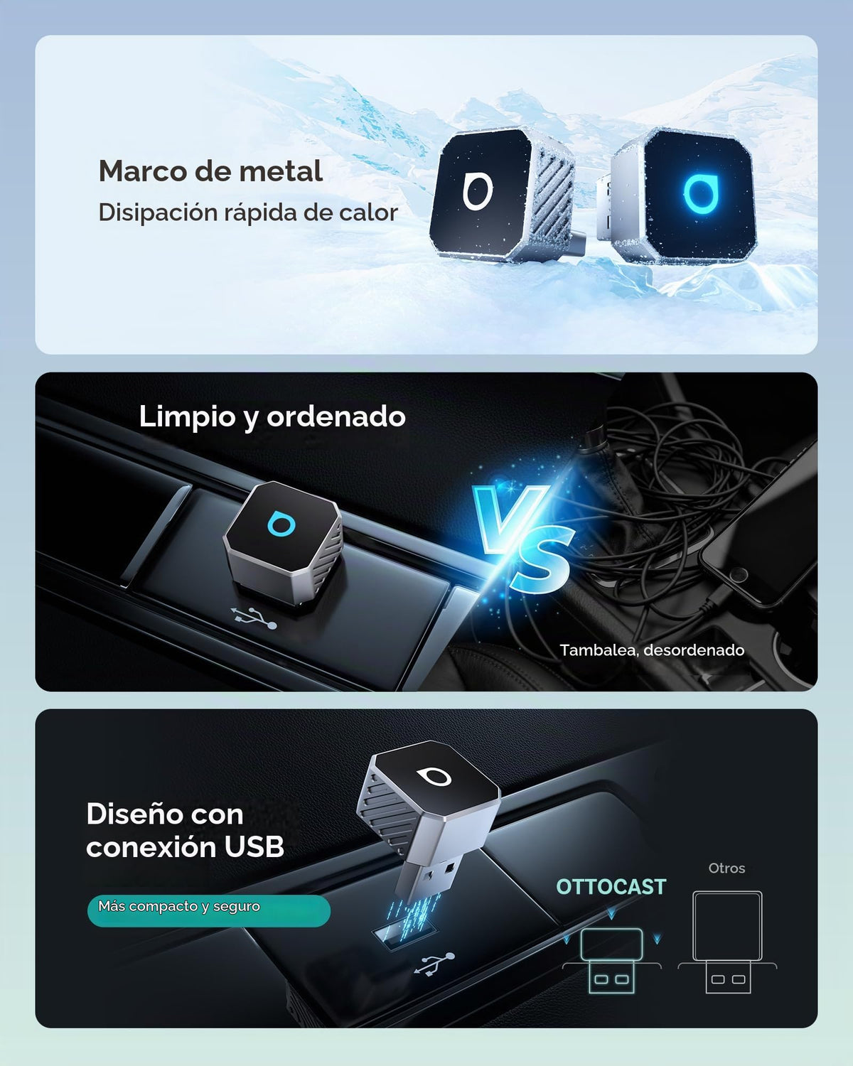 Adaptador Inalámbrico OTTOCAST Mini Pot 2025 Blanco WiFi 5 GHz Plug & Play para iPhone y Android en Coches OEM para Hombre y Mujer