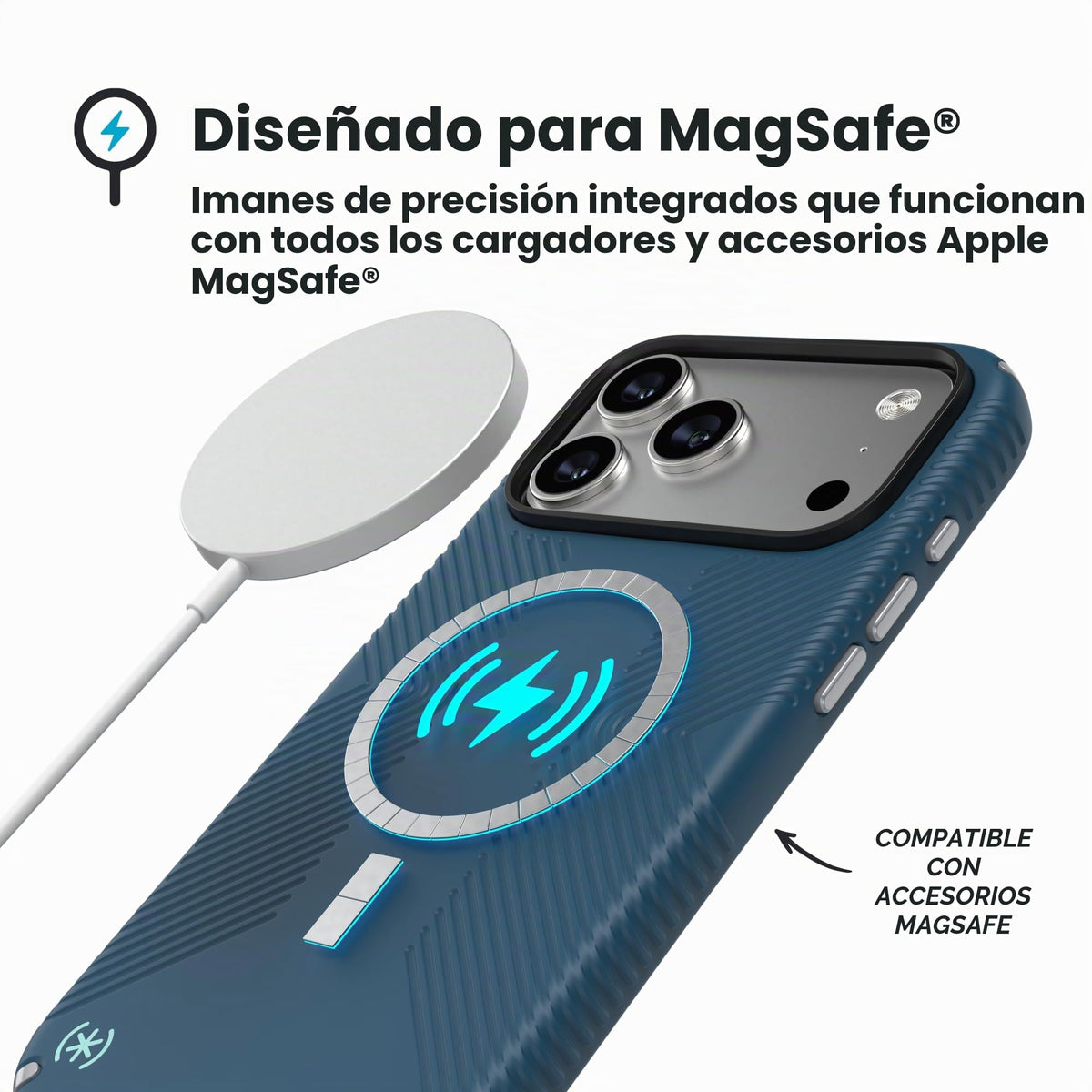 Funda para iPhone 17 Pro Max Speck mar profundo plata metálica azul hechizo compatible con MagSafe