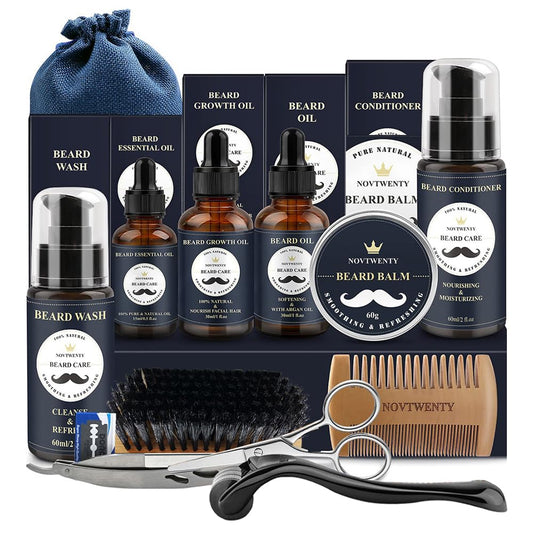 Kit Completo de Cuidado para Barba: Rodillo, Champú, Peine, Cepillo, Aceite, Bálsamo, Tijeras - Regalo Ideal para Hombres - Azul - 14 en 1