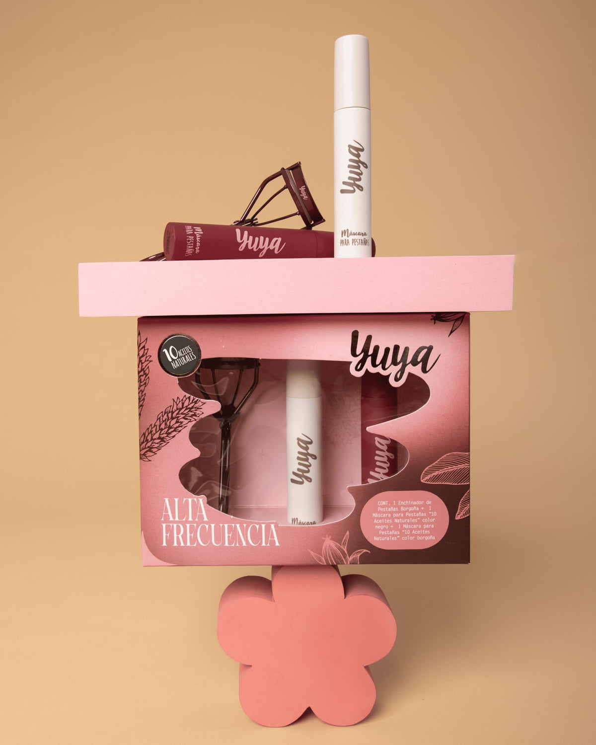 YUYA Alta Frecuencia Kit Enchinador de Pestañas Borgoña + Máscara Negra y Borgoña con 10 Aceites Naturales a prueba de agua - Efecto Alargamiento, Volumen, Curvatura y Definición - Cepillo de Silicón, Rizado Profesional, Larga Duración
