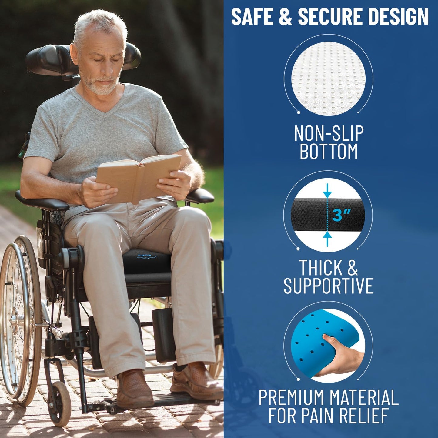 Cojín de Asiento de Espuma Viscoelástica Everlasting Comfort Gel Infundido y Ventilado para Silla de Ruedas