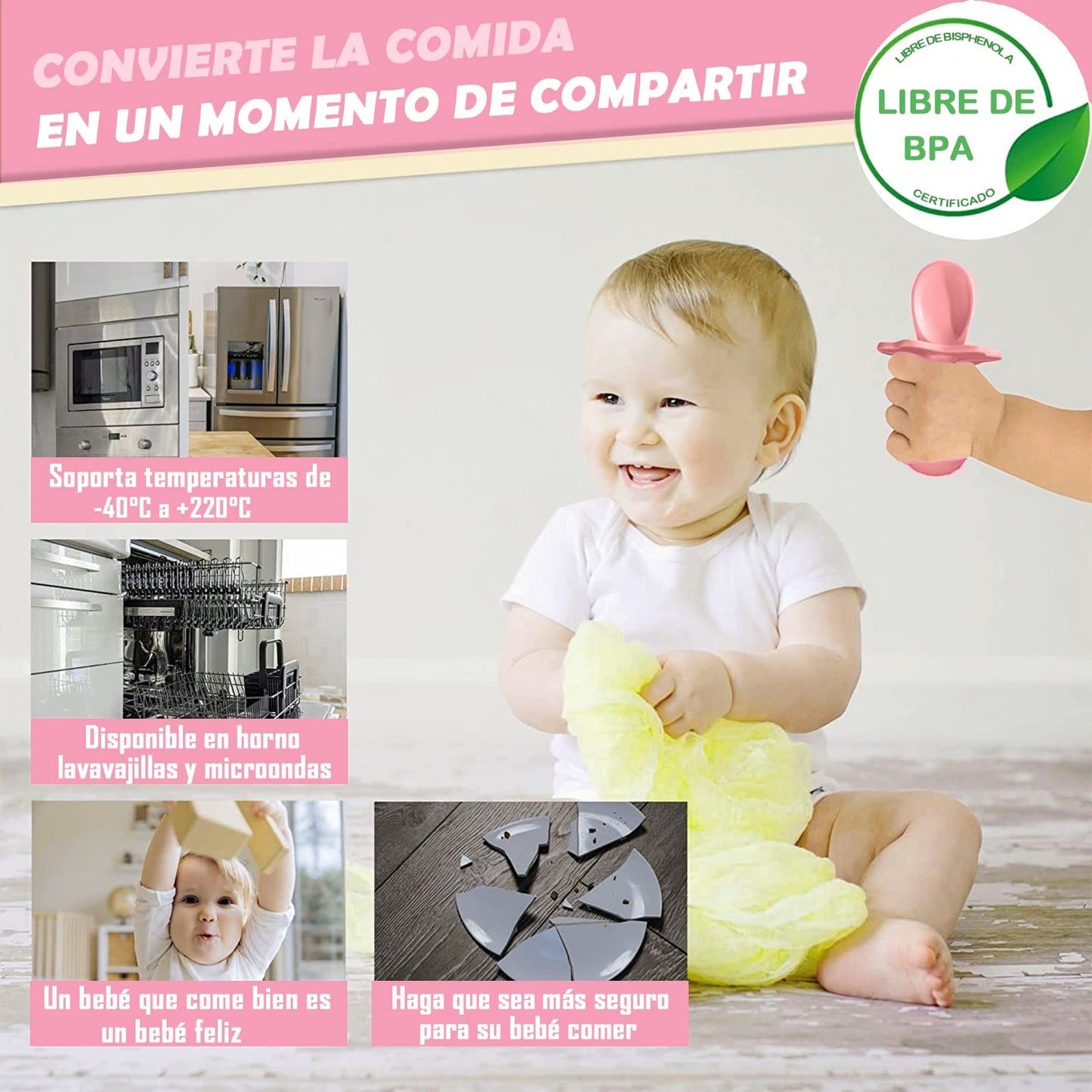Platos de Silicona para Bebé Antivuelco Set de 10 Piezas Rosa para Niño/Niña