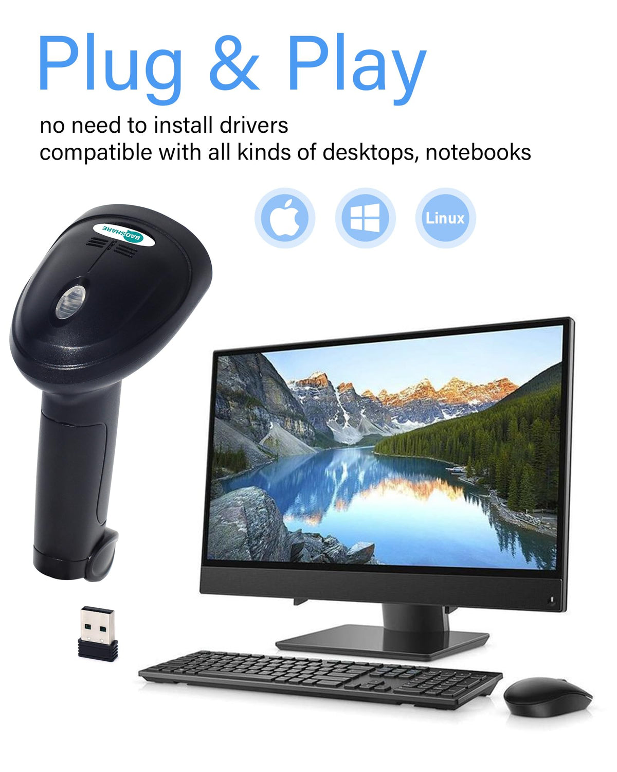 Escáner de Código de Barras BAOSHARE Inalámbrico USB 1D 2.4 GHz