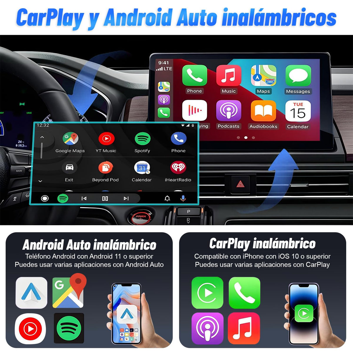 Adaptador Inalámbrico CarPlay y Android Auto, Mini 2 en 1, Blanco, Exión Rápida y Estable WiFi de 5.8 GHz con Puerto USB USB-C
