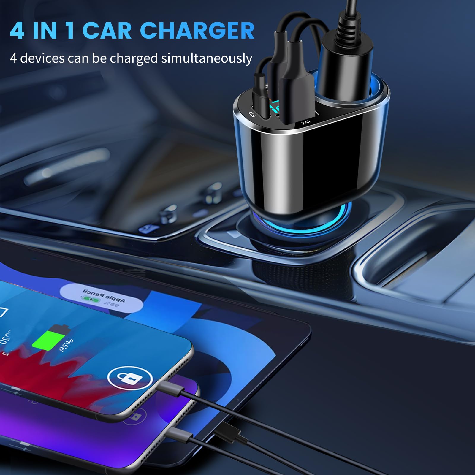 Cargador de coche USB C, PD de 30 W tipo C, cargador rápido de coche de 90 W, adaptador de enchufe para encendedor de cigarrillos, compatible con iPhone 16 Pro Max Plus 15 14 13 XS Samsung GPS