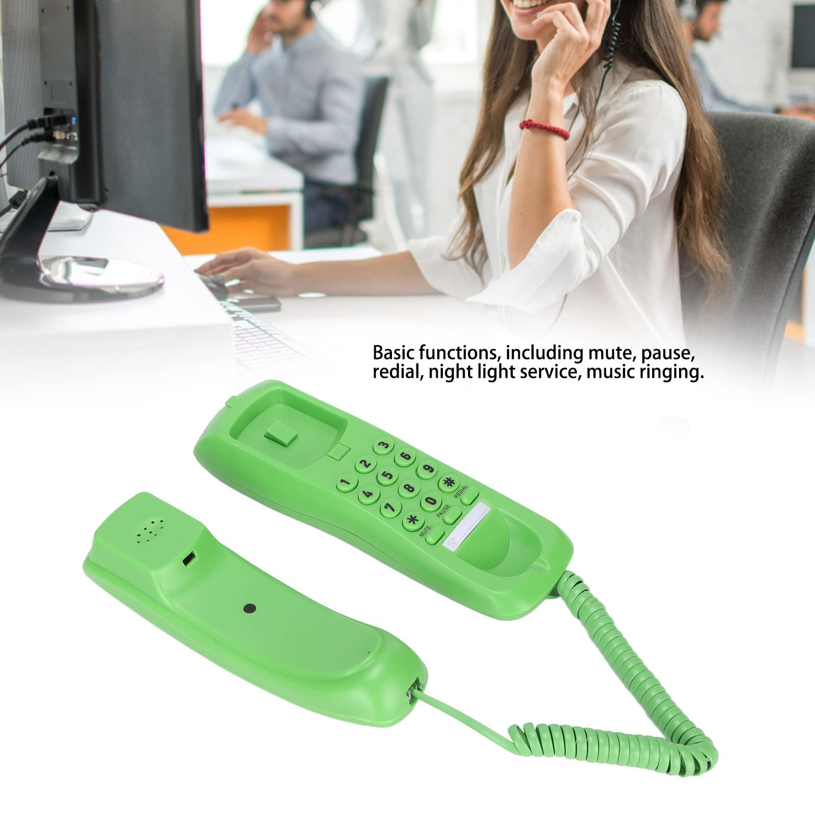 YYOYY Teléfono de Montaje en Pared, Teléfono de Escritorio con Cable, con Función de Silencio/Pausa/Remarcación, Voz de Llamada Clara, Mini Línea Fija Liviana, para Oficina en Casa, Hotel(Verde)