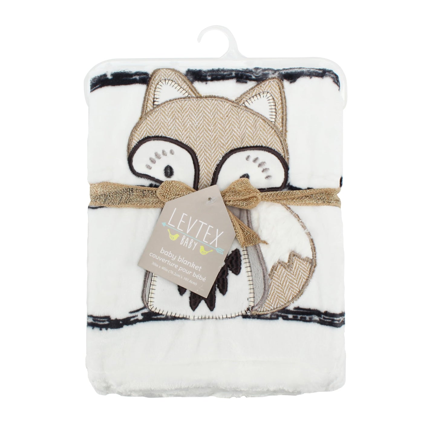 Levtex Baby - Manta de felpa Bailey - Zorro aplicado y bordado sobre felpa a rayas - Carbón, gris pardo, blanco - Accesorios para guardería - Tamaño de la manta: 76.2 x 101.6 cm