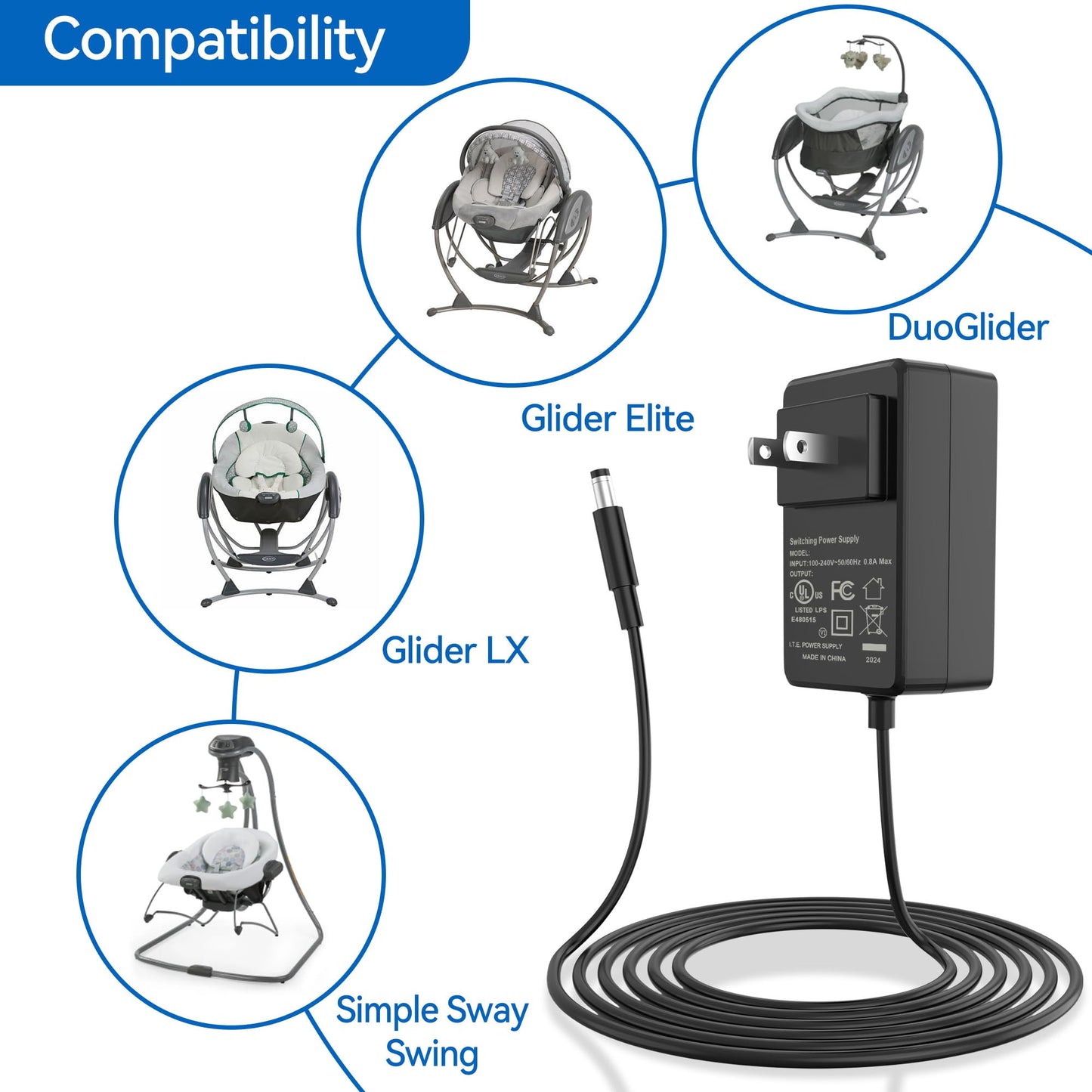 XMHEIRD Cargador adaptador de CA para 2137842 Graco ?Soothe My Way Swing Cable de alimentación para bebé