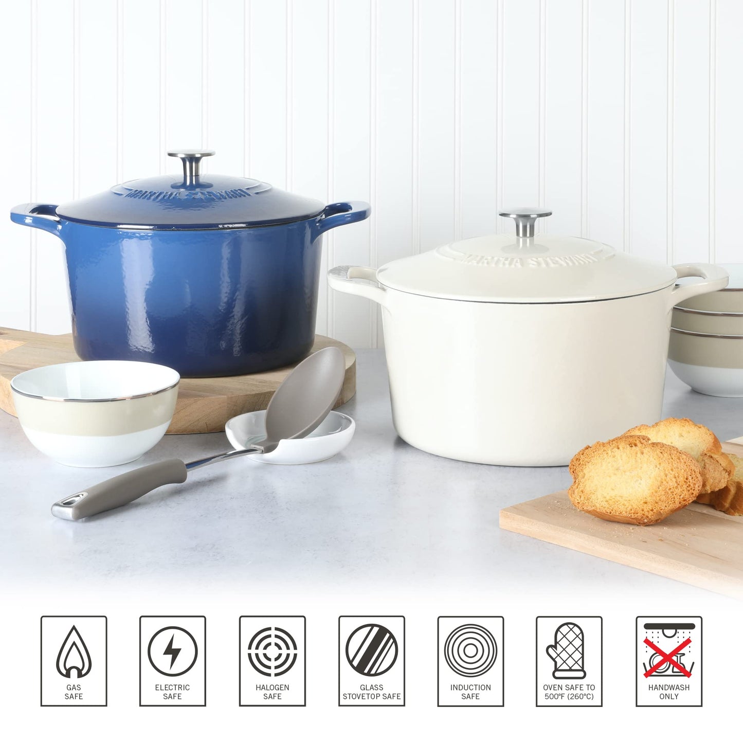 MARTHA STEWART Gatwick - Olla de hierro fundido esmaltada de 7 cuartos de galón con tapa, lino con perilla plateada