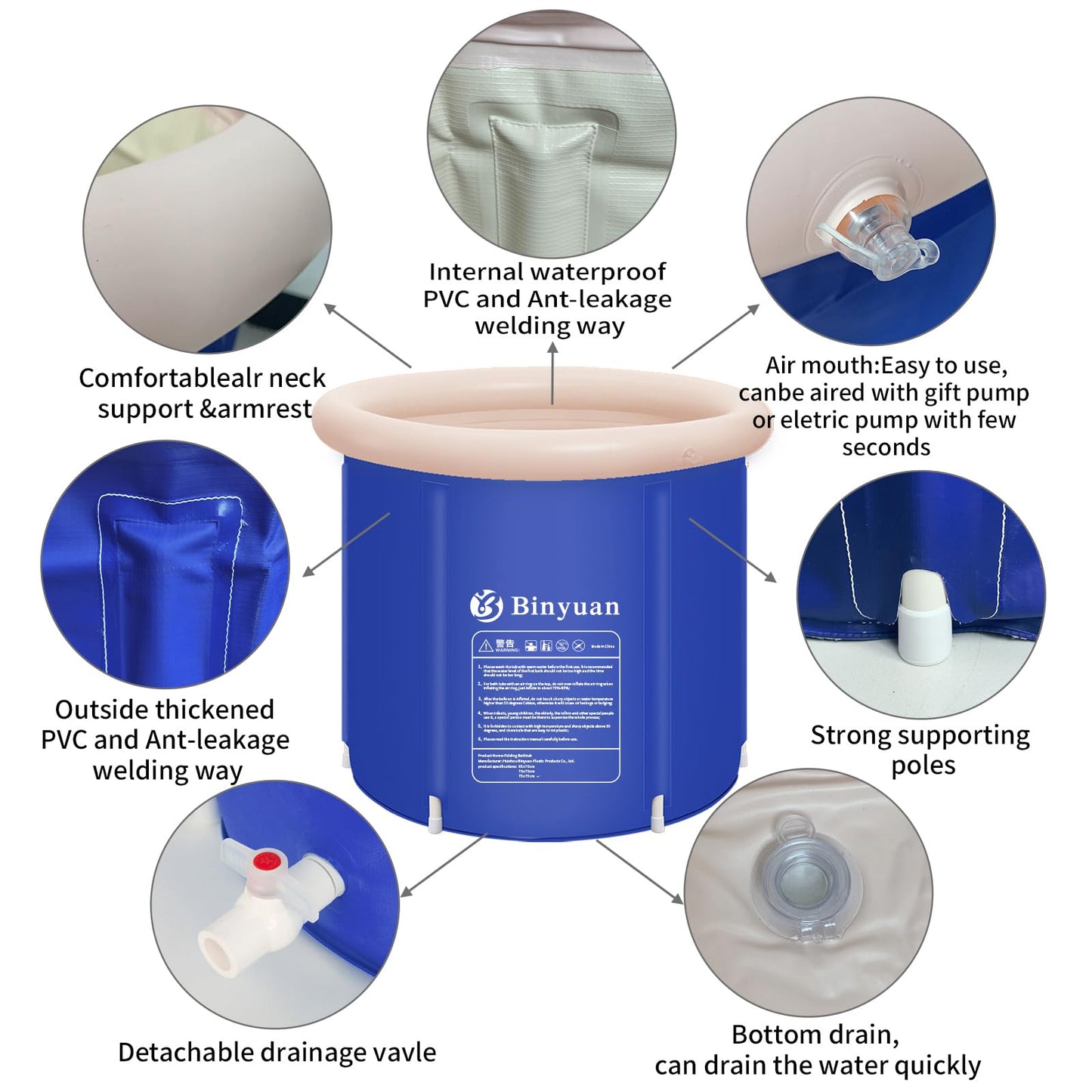 Bañera Inflable Plegable Hidroterapia Plástico Azul Espacio Pequeño para Adultos