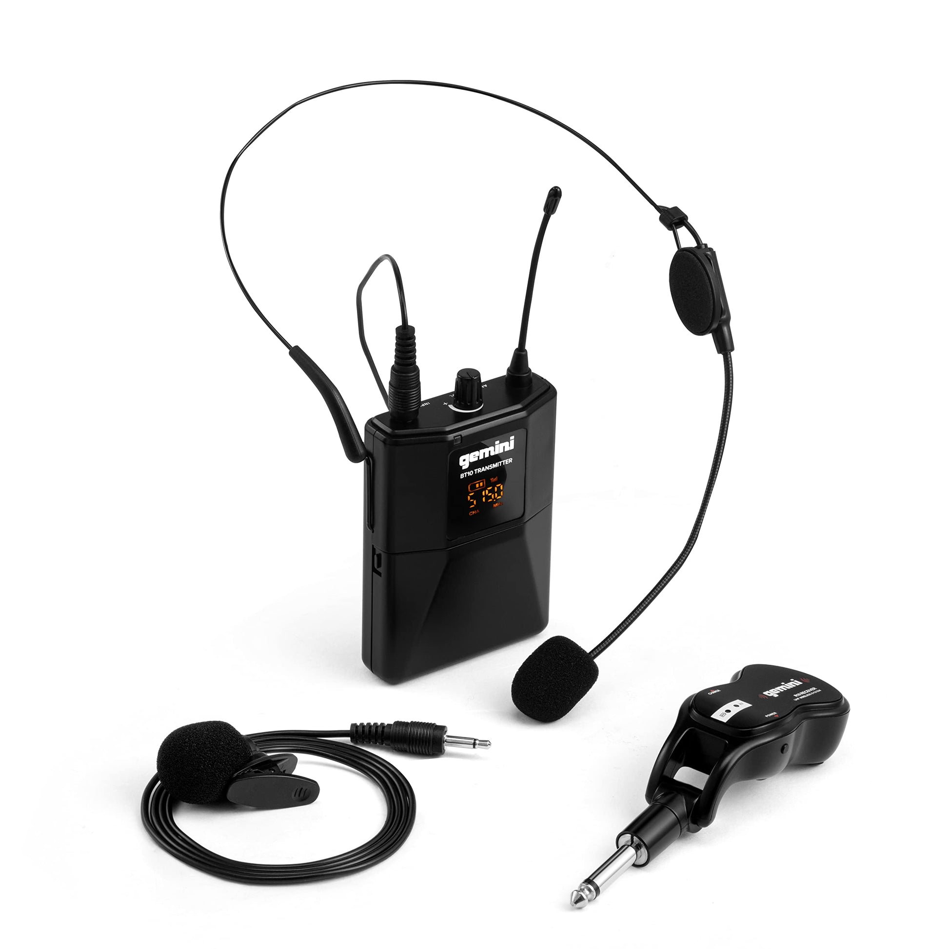 Gemini - Sistema de micrófono inalámbrico UHF - Micrófono de Doble lavalier y Auriculares, Receptor Recargable USB, Alcance de más de 50 m, Plug & Play para Eventos, enseñanza, transmisión, Karaoke y