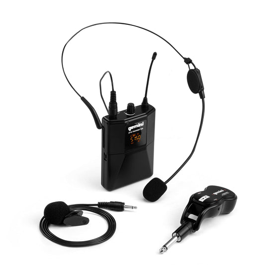 Gemini - Sistema de micrófono inalámbrico UHF - Micrófono de Doble lavalier y Auriculares, Receptor Recargable USB, Alcance de más de 50 m, Plug & Play para Eventos, enseñanza, transmisión, Karaoke y