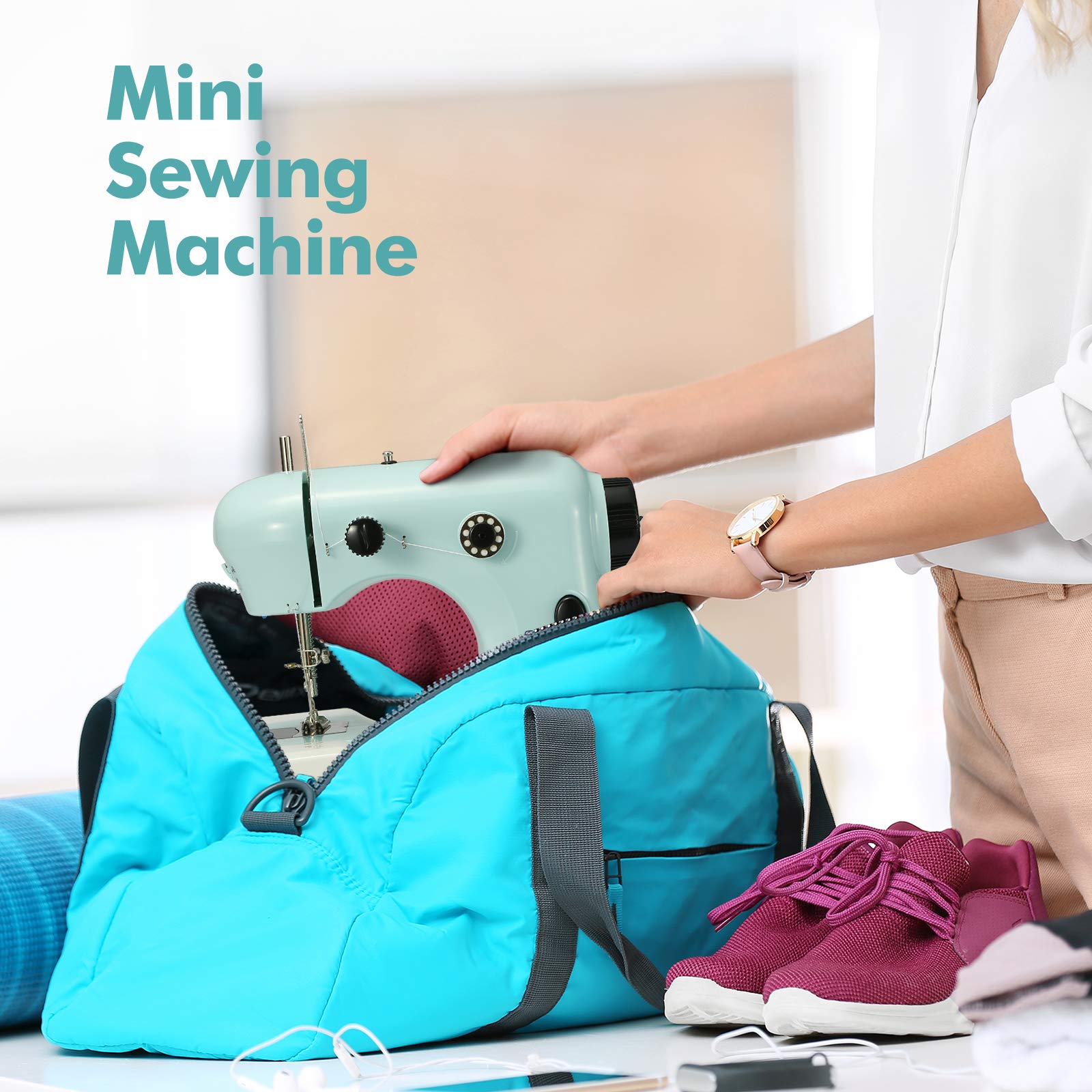 Maquina Portatil de Coser, Maquina de Coser mini de Coser Electrica Portátil Automático, Kit de accesorios de costura, Doble Velocidades Controlar Hilo Doble con Luz, para Ropa, Sábanas, Cremallera