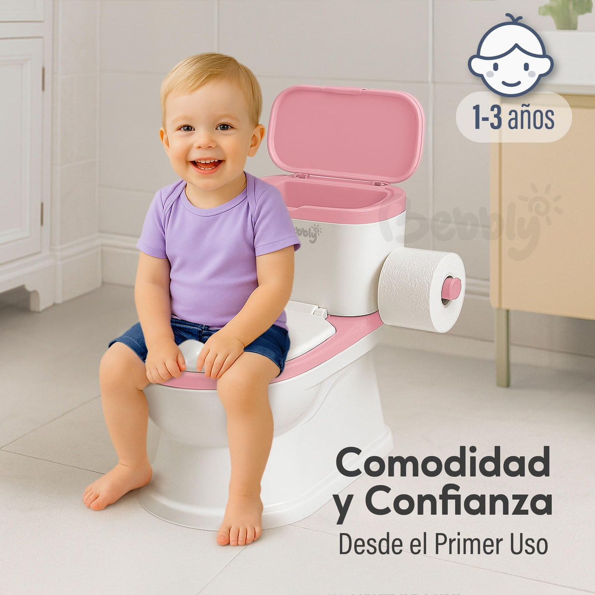 BEBBLY Bañito Entrenador Infantil con Sonido Musical Portarrollo y Almacenamiento Asiento Antiderrapante para Niños y Niñas de 6 Meses a 3 Años Fácil de Limpiar Ideal para Aprender a Ir al Baño (Rosa)