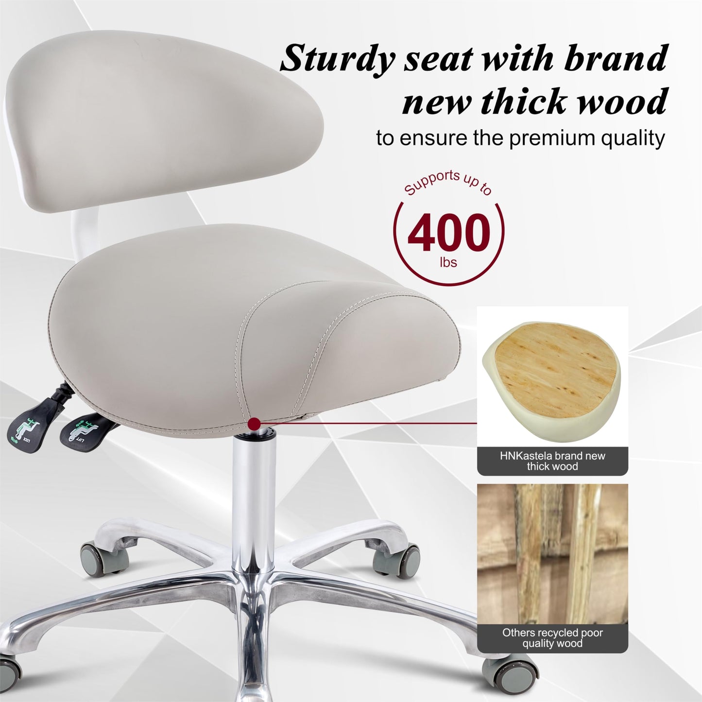 HNKastela - Sillín rodante con soporte trasero, silla ergonómica de altura ajustable con ruedas para higienista dental, salón, esteticista