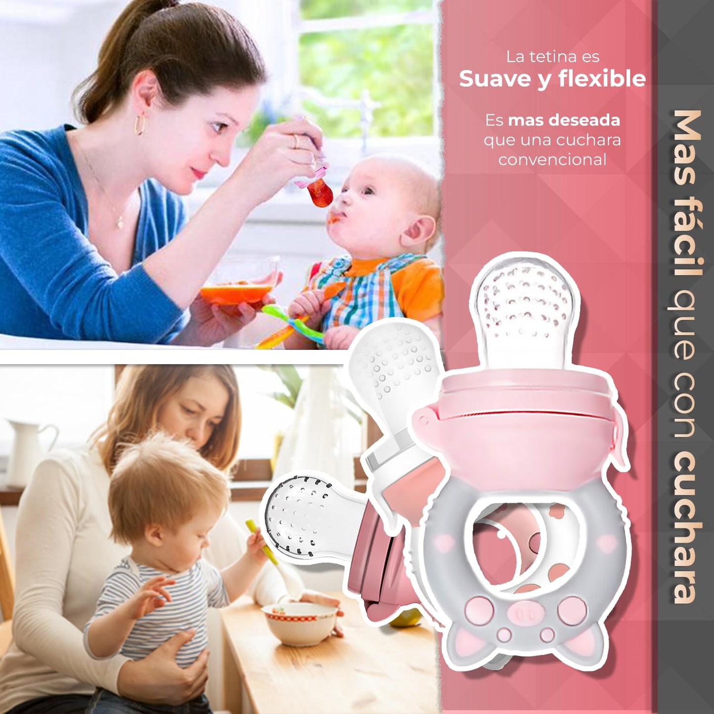 Chupones alimentadores para frutas y papillas con tapa libre de bpa, dibujos animados, 4m+ 3 piezas (pig rosa / pig rosa gris / pig blanco rosa)