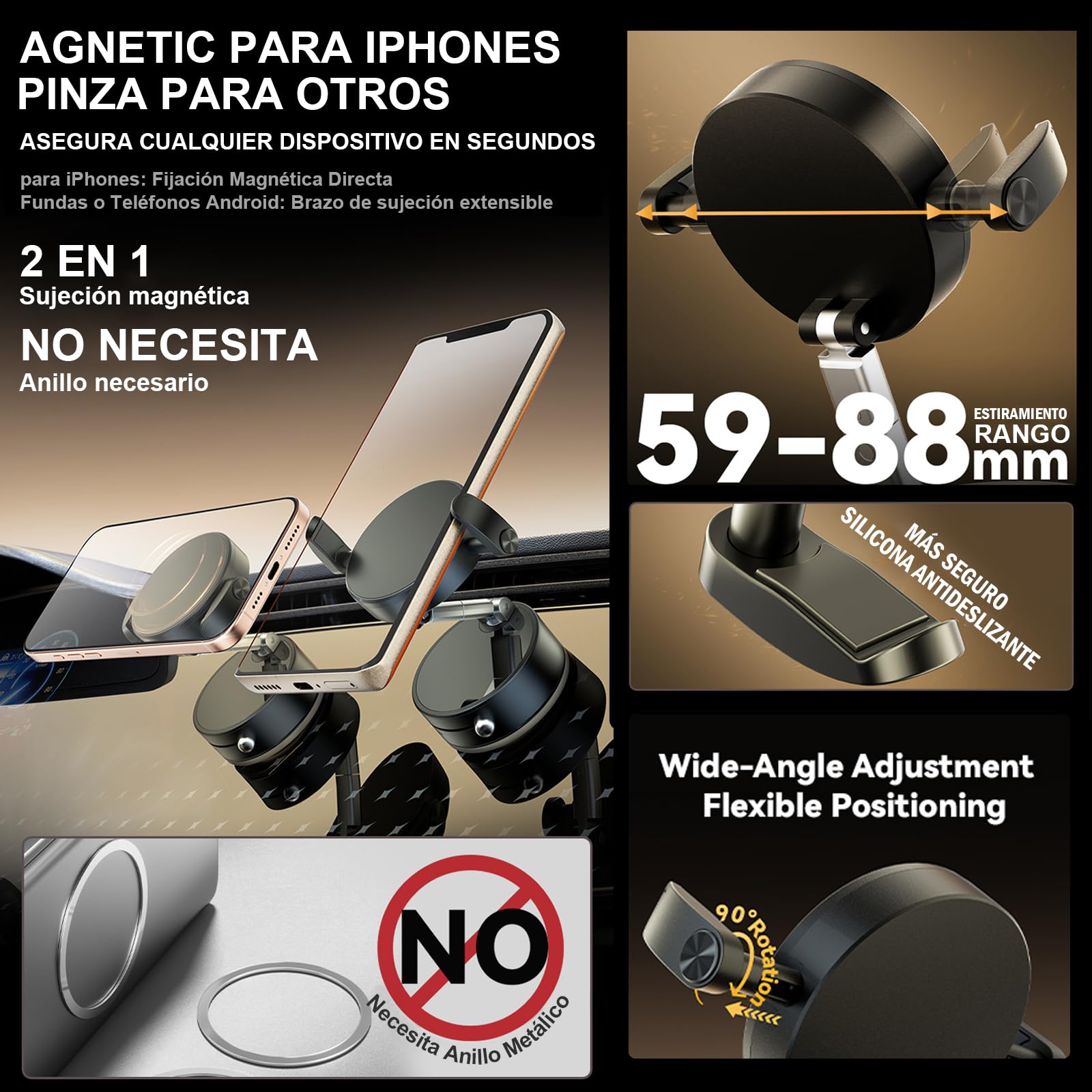 FEISEDY Soporte Magnético Plegable para Coche con Pinza Ajustable – Compatible con iPhone y Todos Teléfonos (Incluye No Magnéticos), 360° Rotación, Base Fuerte y Estable para Escritorio o Viajes