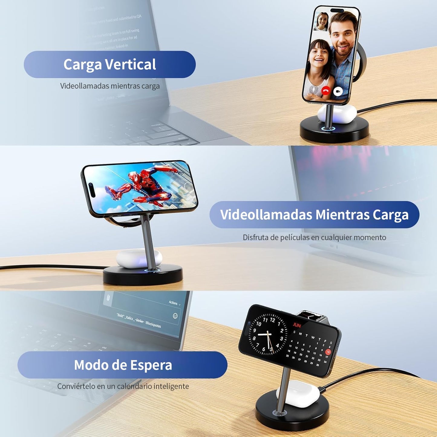 BVILY Cargador Inalámbrico Magnético, 20W Wireless Estación de Carga Inalámbrica 3 en 1 Compatible con Cargador MagSafe para i Phone 16 15 14 13 12 Pro MAX/Plus/Pro y AirPods/Apple Watch