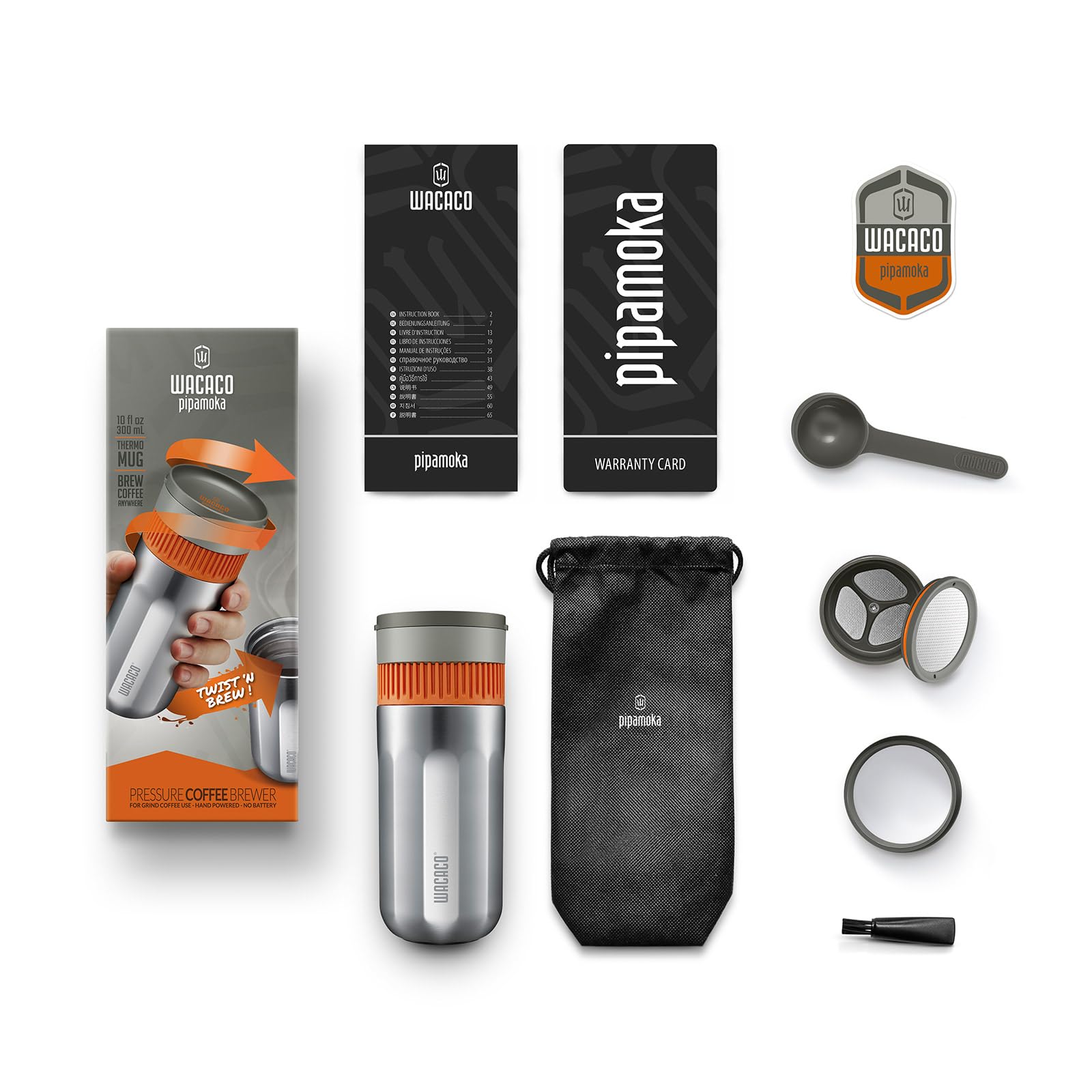 Wacaco Pipamoka, cafetera portátil todo en uno con presión de vacío, taza de viaje aislada, cafetera manual y de presión, extracción rápida, termo taza de acero inoxidable, 10 fl oz