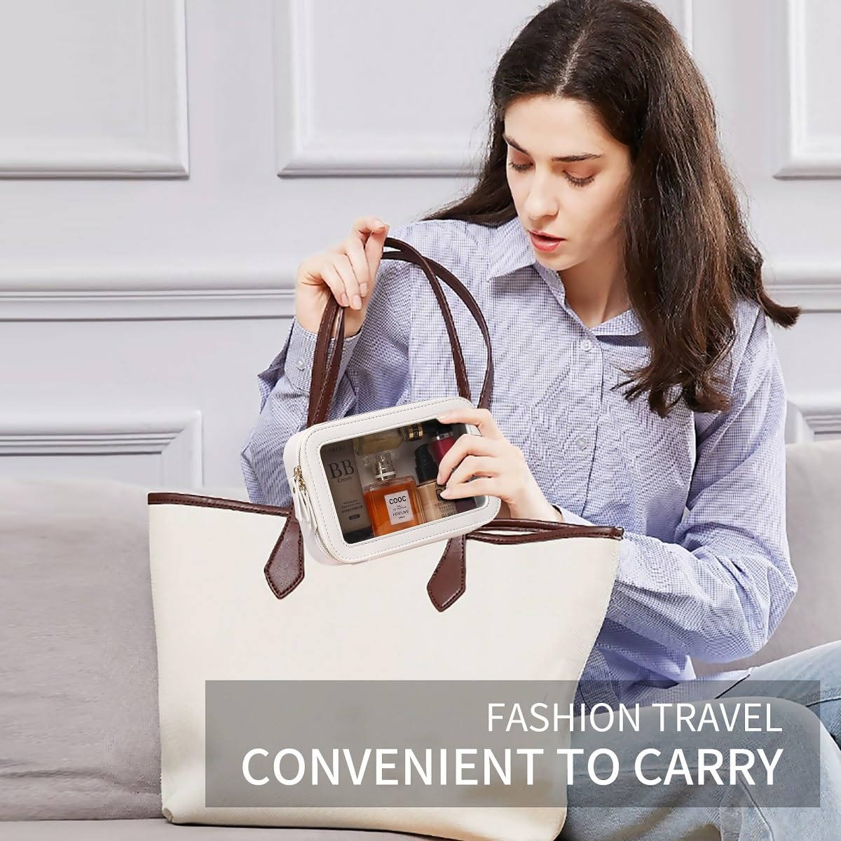 Pinkmik - Bolsa de maquillaje transparente para maquillaje portátil, bolsa de cosméticos de viaje con cierre para mujer, Blanco, Pequeño