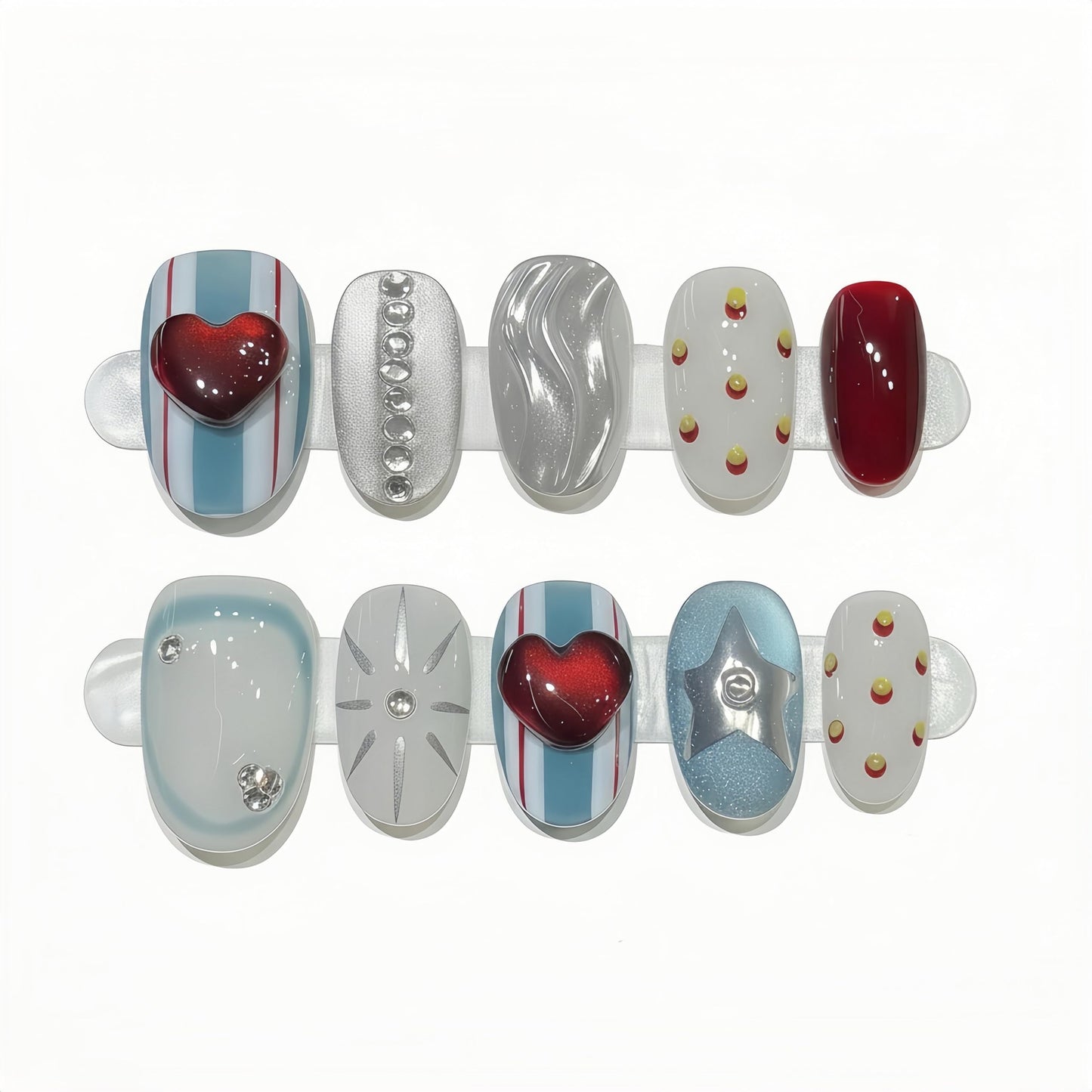 Fine Point Uñas postizas cortas hechas a mano - Diseño de corazón 3D - Uñas acrílicas estilo ojo de gato - Elegante set de uñas postizas | American Sweetheart (Talla Mediana)