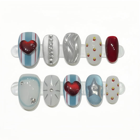 Uñas Acrílicas American Sweetheart Medianoche Diseño Corazón 3D Estilo Ojo de Gato