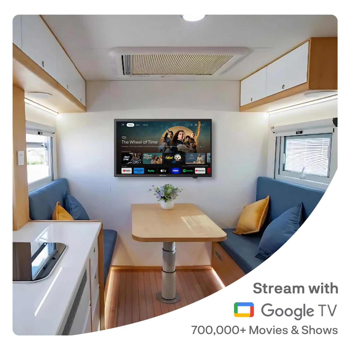SYLVOX TV RV de 24 pulgadas, Smart TV de 12 voltios con Google OS, visualización de 178° de ancho, puertos HDMI/USB, alimentación CA/CC, protección de voltaje para uso en campistas, autocaravanas y RV