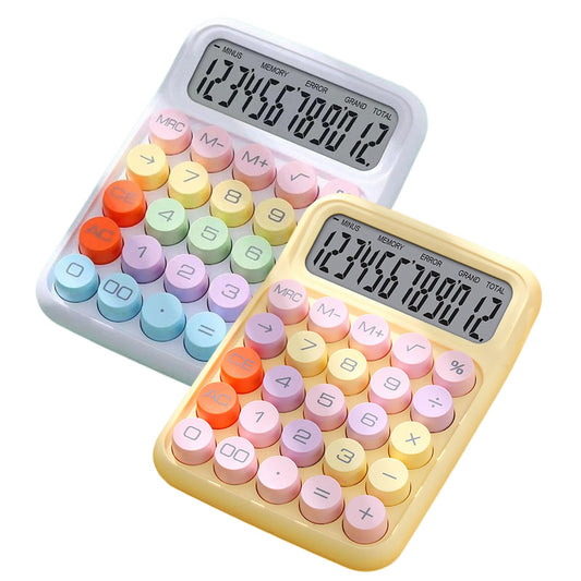 Calculadora Electrónica De Calculadora De Color 2pcs, Calculadora De Pantalla Grande De Botón Circular De Tecla Mecánica De Mecanografía, Adecuada para Oficinas, Escuelas, Hogares (Blanco + Amarillo)