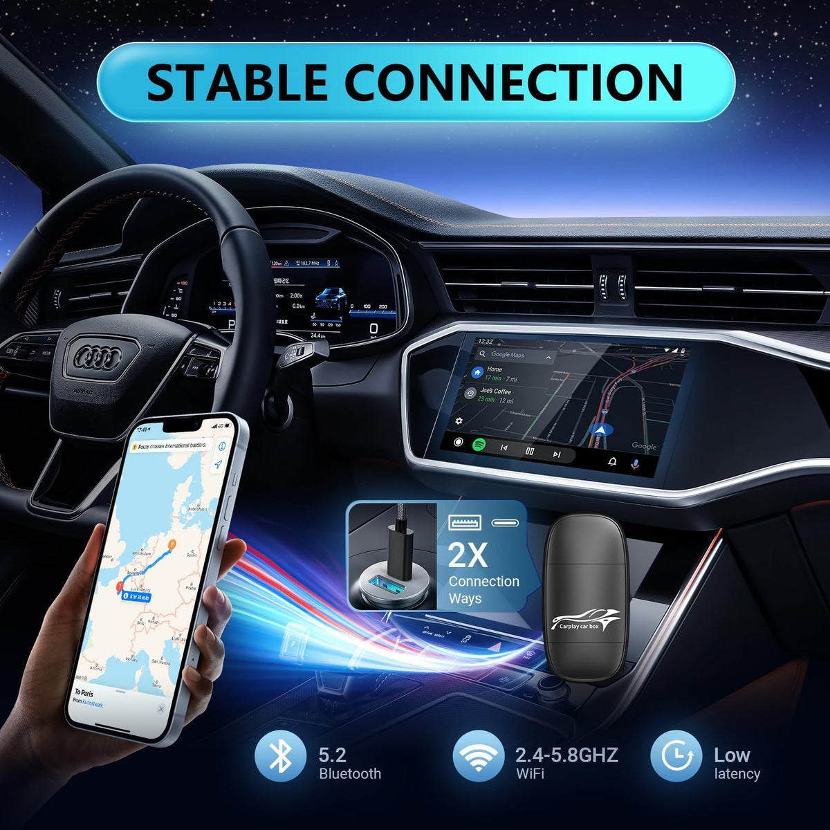 Adaptador Inalámbrico CarPlay Apple para Convertir CarPlay con Cable a Inalámbrico Compatible con iOS 10+ y Autos 2017+ Conexión Estable